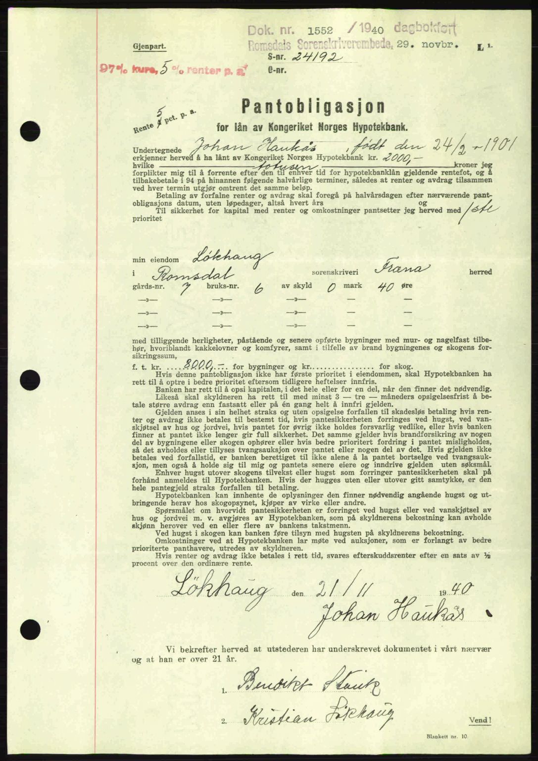 Romsdal sorenskriveri, AV/SAT-A-4149/1/2/2C: Mortgage book no. B2, 1939-1945, Diary no: : 1552/1940