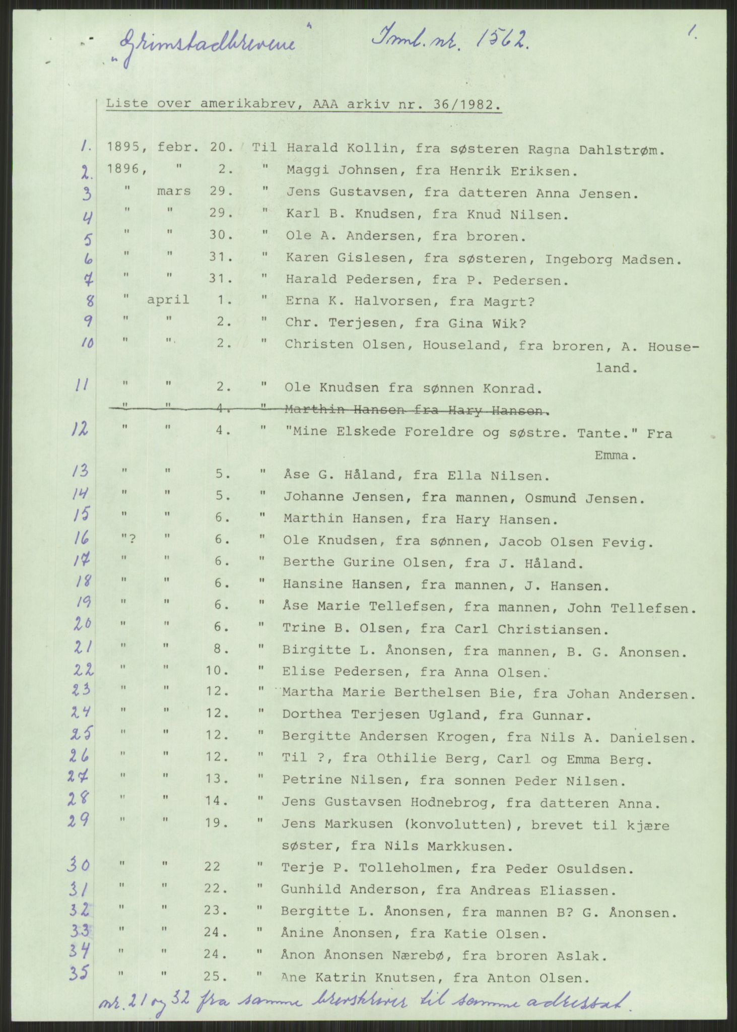 Samlinger til kildeutgivelse, Amerikabrevene, AV/RA-EA-4057/F/L0025: Innlån fra Aust-Agder: Aust-Agder-Arkivet, Grimstadbrevene, 1838-1914, p. 5