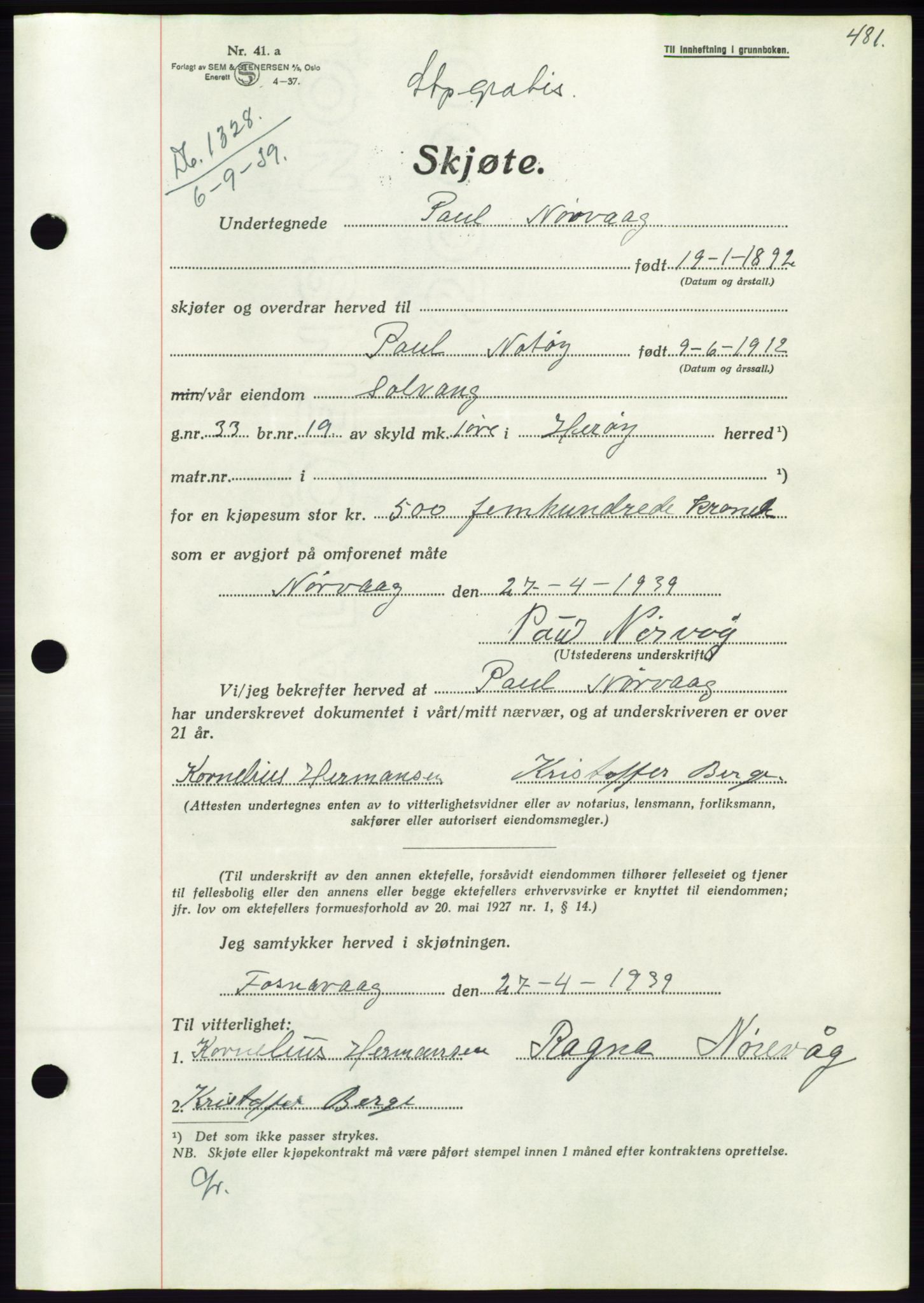 Søre Sunnmøre sorenskriveri, AV/SAT-A-4122/1/2/2C/L0068: Mortgage book no. 62, 1939-1939, Diary no: : 1328/1939