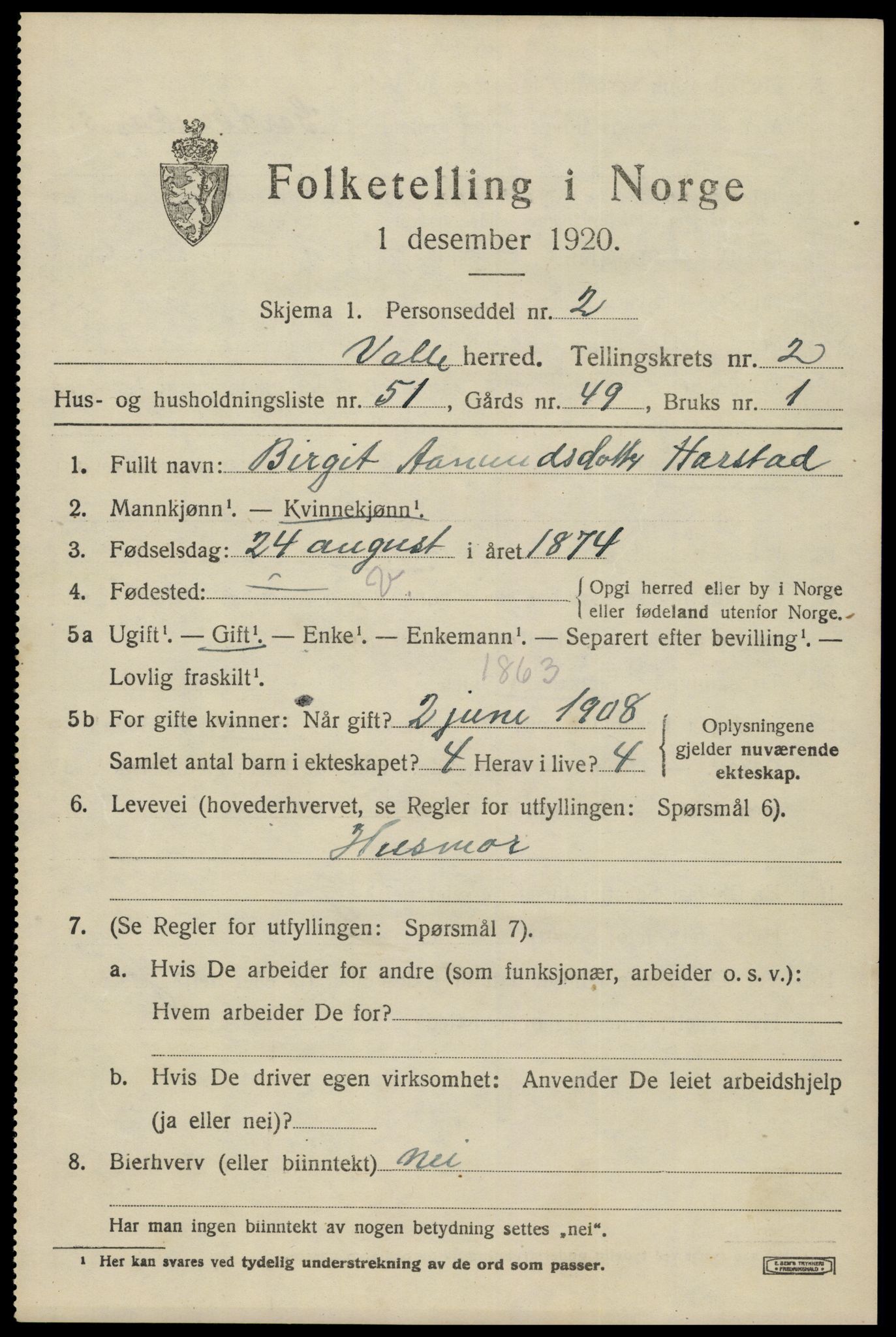 SAK, 1920 census for Valle, 1920, p. 1531