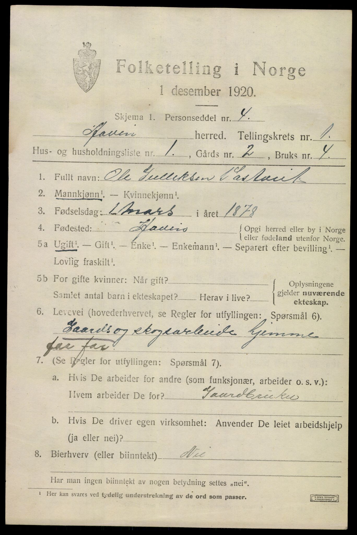 SAKO, 1920 census for Hovin, 1920, p. 363