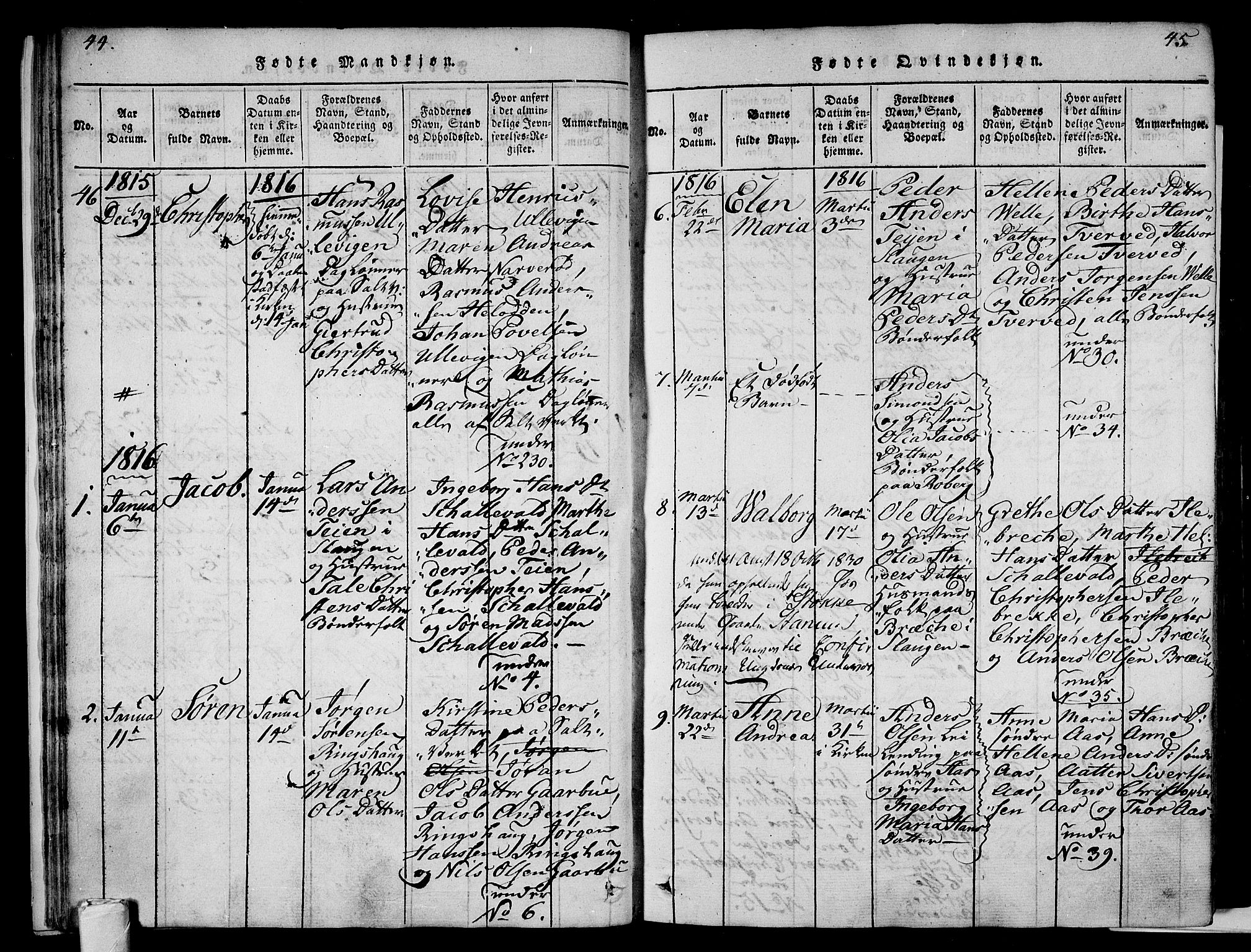 Sem kirkebøker, AV/SAKO-A-5/F/Fa/L0004: Parish register (official) no. I 4, 1814-1825, p. 44-45