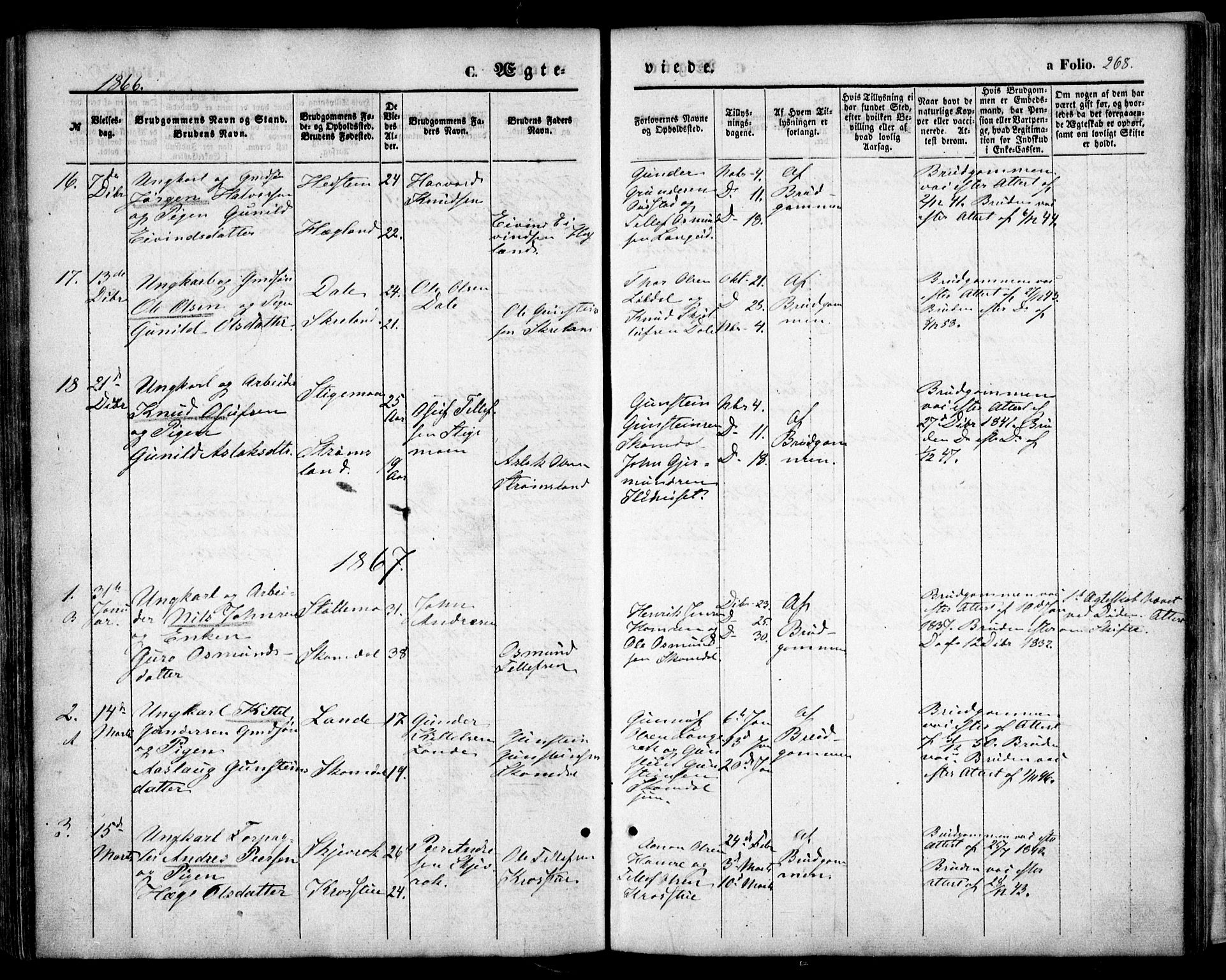 Bygland sokneprestkontor, SAK/1111-0006/F/Fa/Fab/L0005: Parish register (official) no. A 5, 1859-1873, p. 268