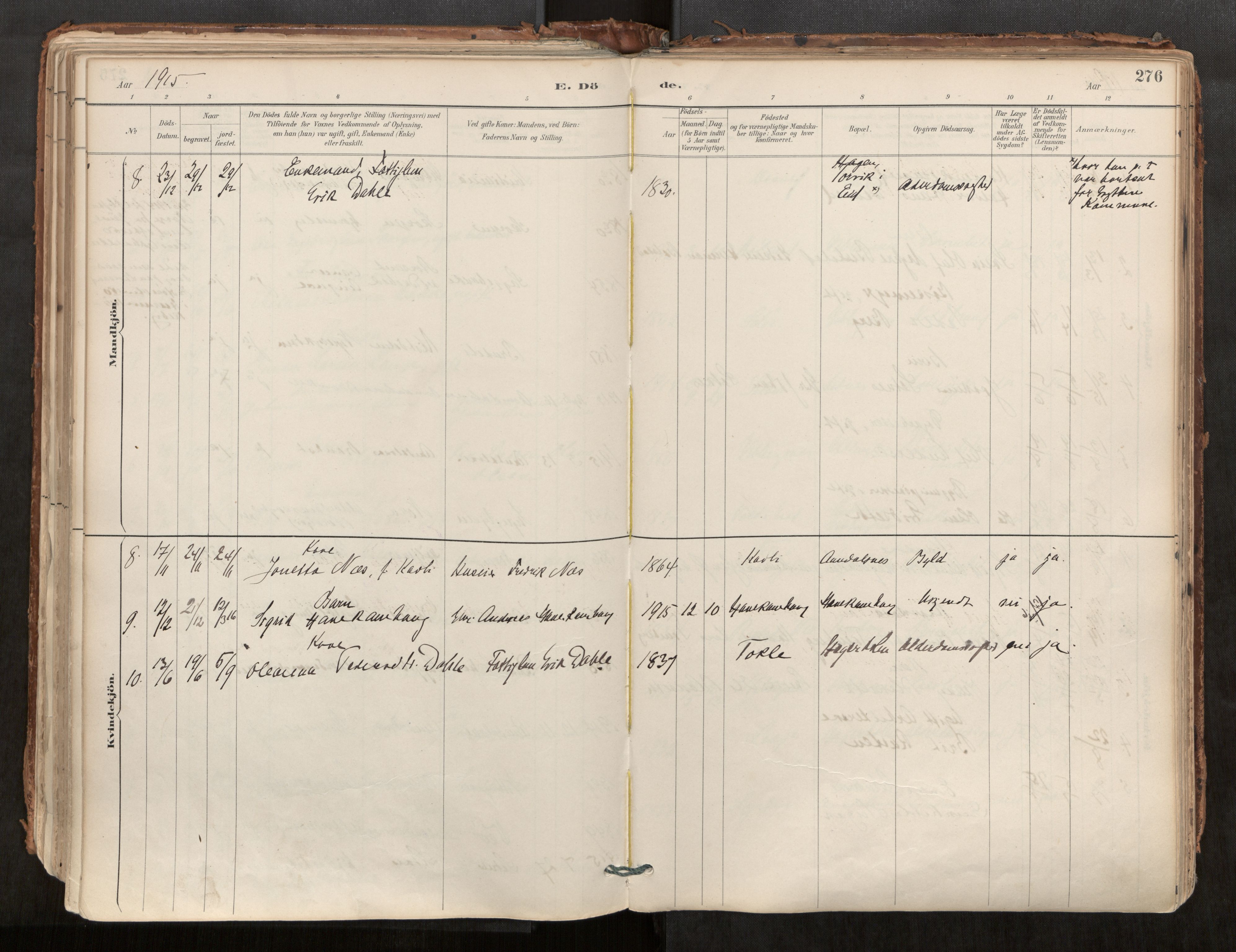 Ministerialprotokoller, klokkerbøker og fødselsregistre - Møre og Romsdal, AV/SAT-A-1454/544/L0585: Parish register (official) no. 544A06, 1887-1924, p. 276