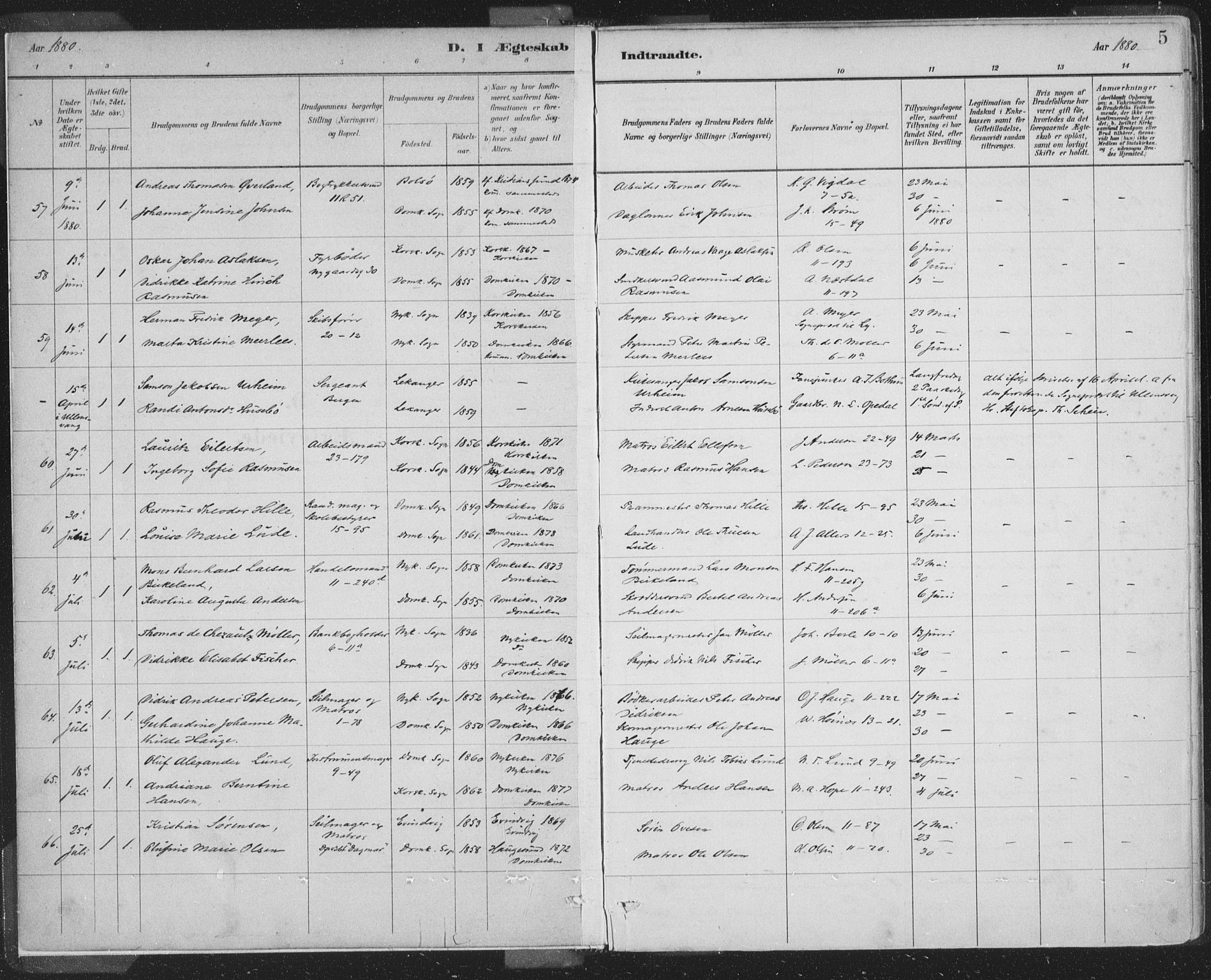 Domkirken sokneprestembete, SAB/A-74801/H/Hab/L0032: Parish register (copy) no. D 4, 1880-1907, p. 5