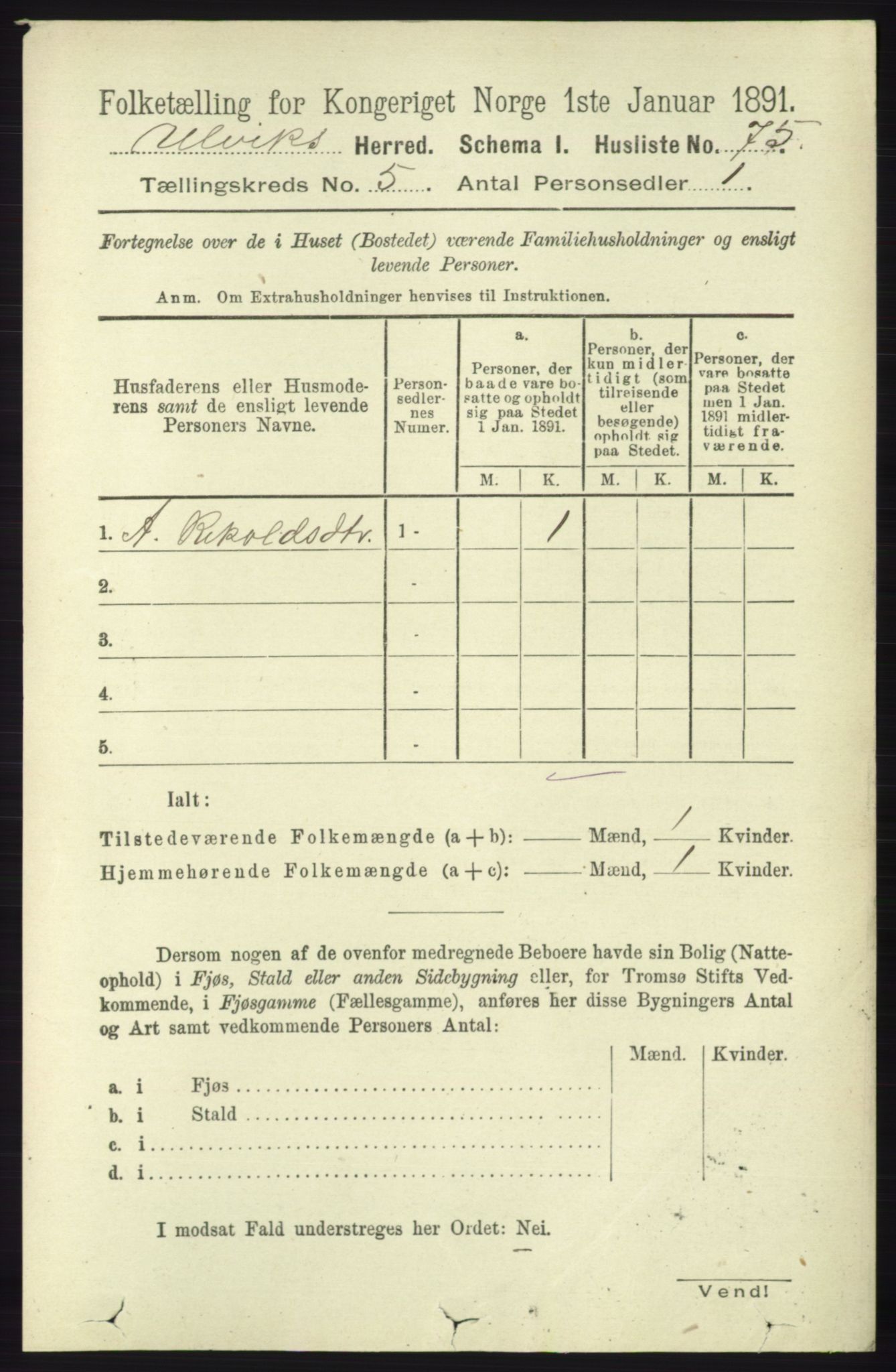 RA, 1891 census for 1233 Ulvik, 1891, p. 1397