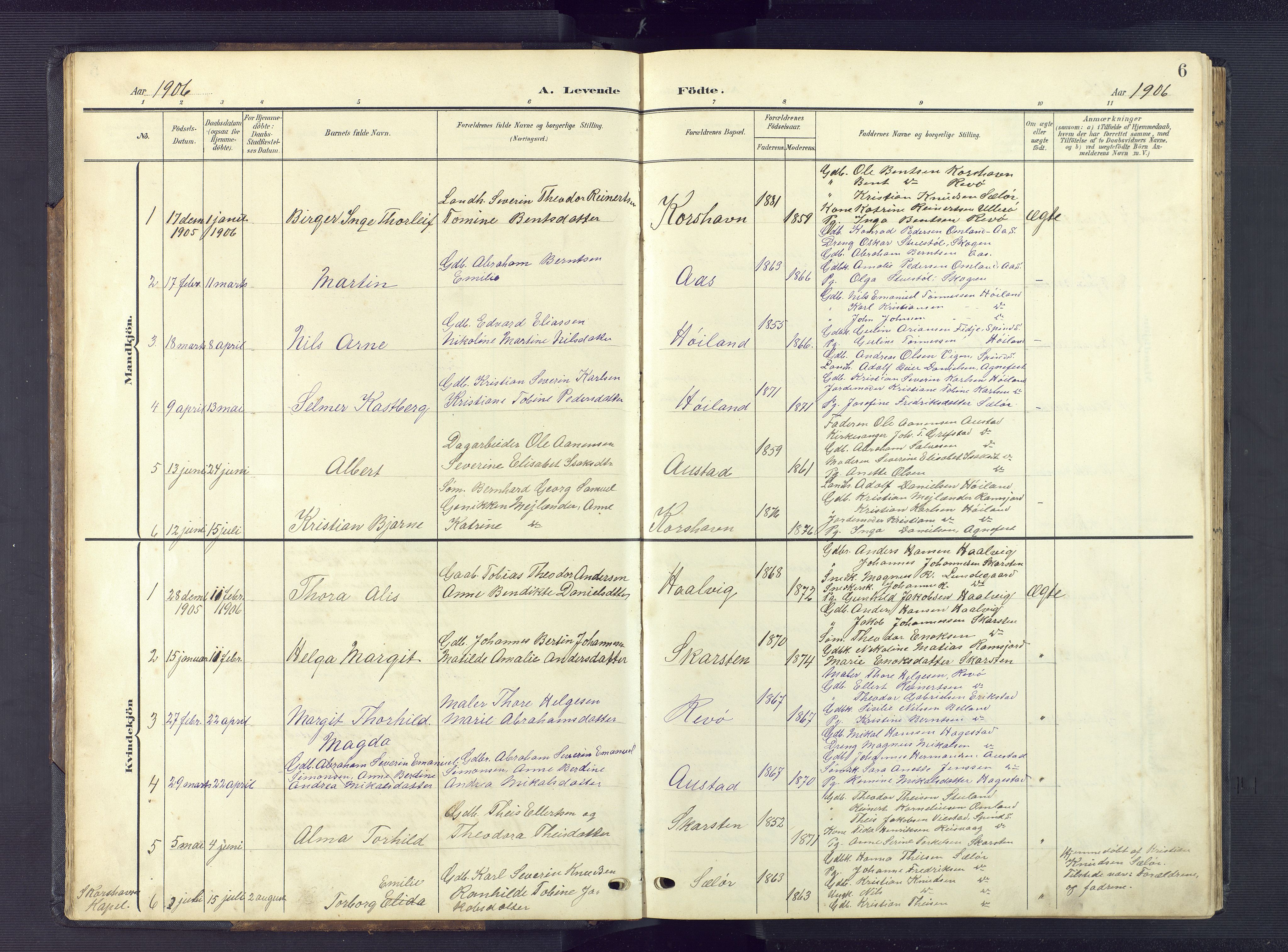 Lyngdal sokneprestkontor, AV/SAK-1111-0029/F/Fb/Fba/L0004: Parish register (copy) no. B 4, 1904-1950, p. 6