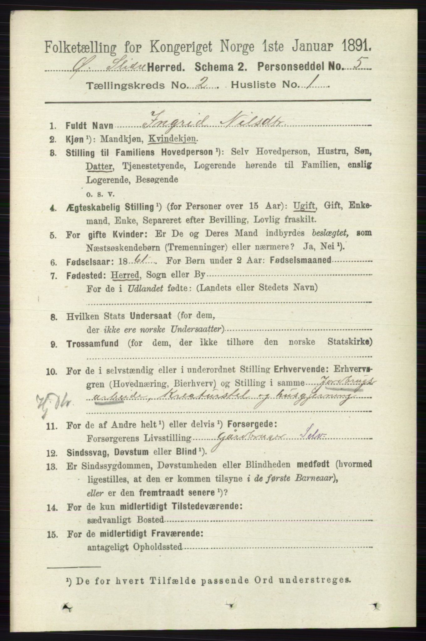 RA, 1891 census for 0544 Øystre Slidre, 1891, p. 277