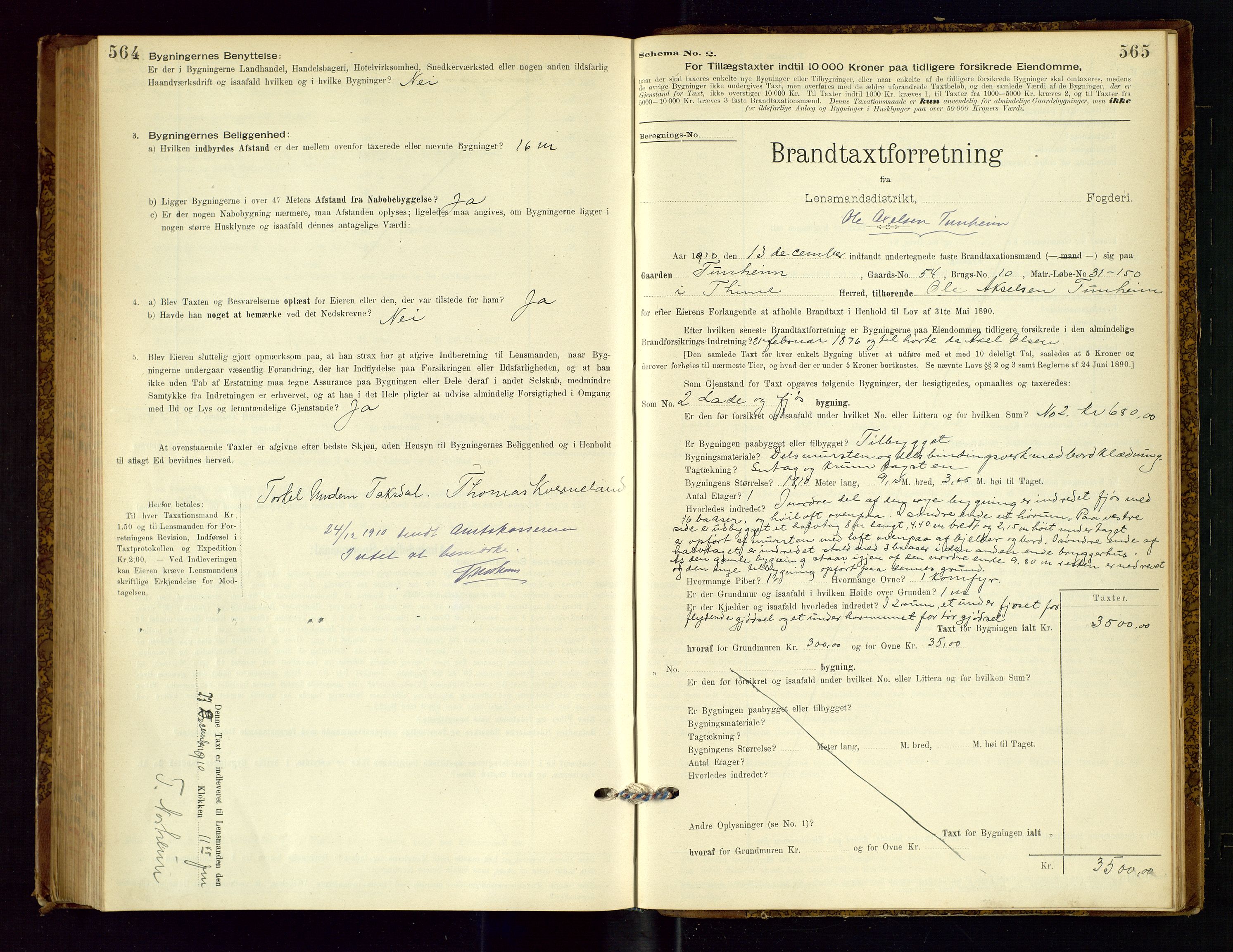 Time lensmannskontor, SAST/A-100420/Gob/L0001: Branntakstprotokoll, 1896-1914, p. 564-565