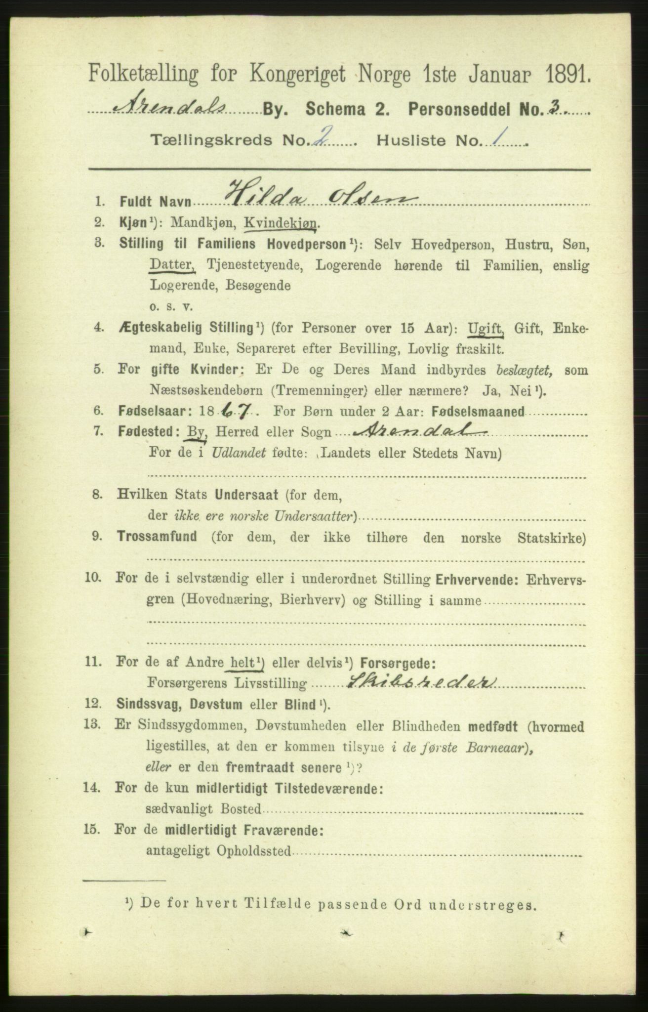 RA, 1891 census for 0903 Arendal, 1891, p. 1301