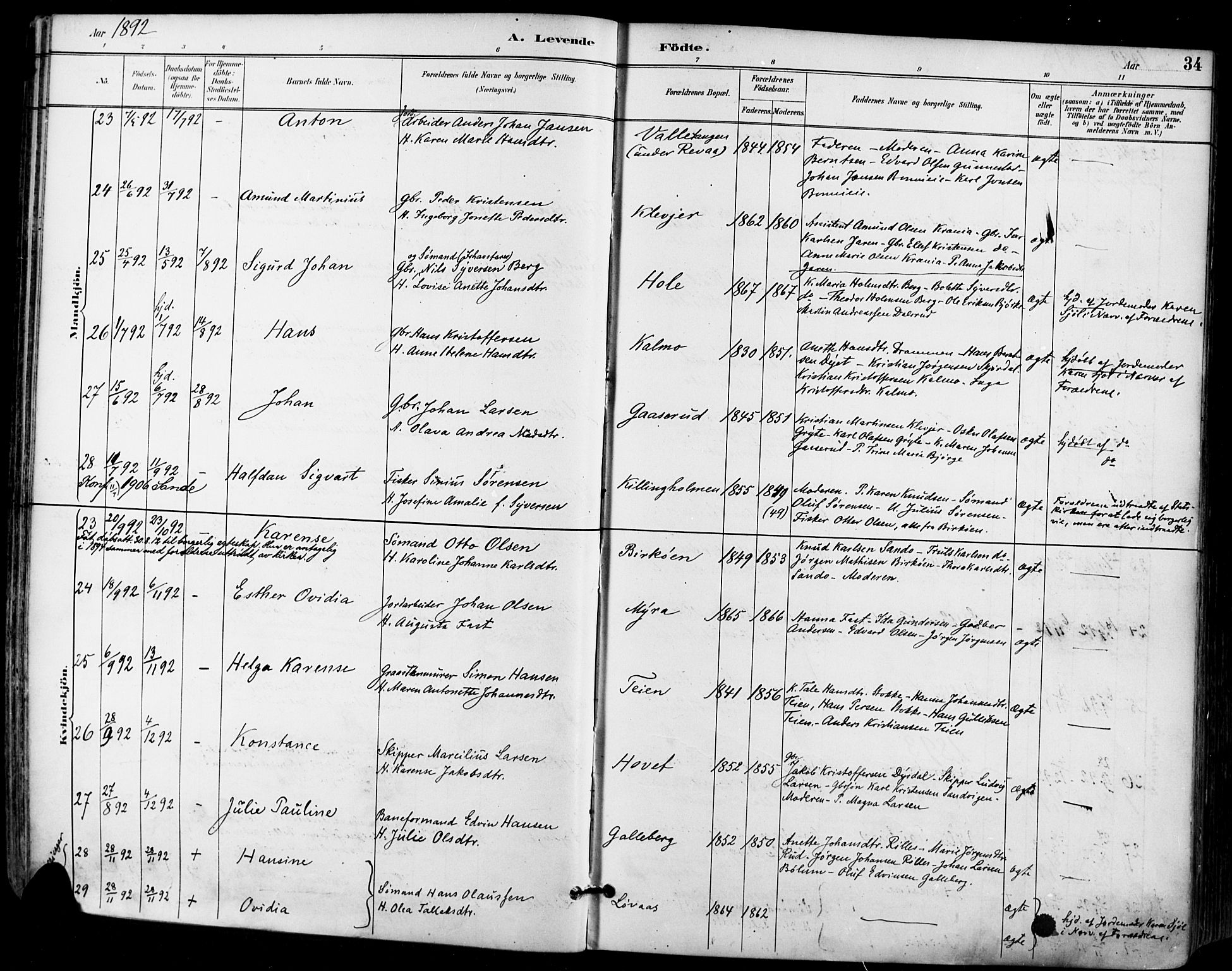 Sande Kirkebøker, AV/SAKO-A-53/F/Fa/L0007: Parish register (official) no. 7, 1888-1903, p. 34