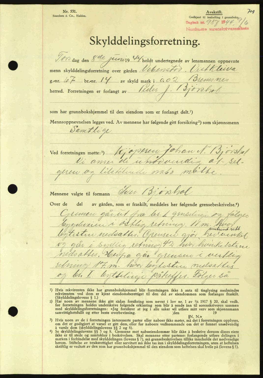 Nordmøre sorenskriveri, AV/SAT-A-4132/1/2/2Ca: Mortgage book no. A97, 1944-1944, Diary no: : 987/1944