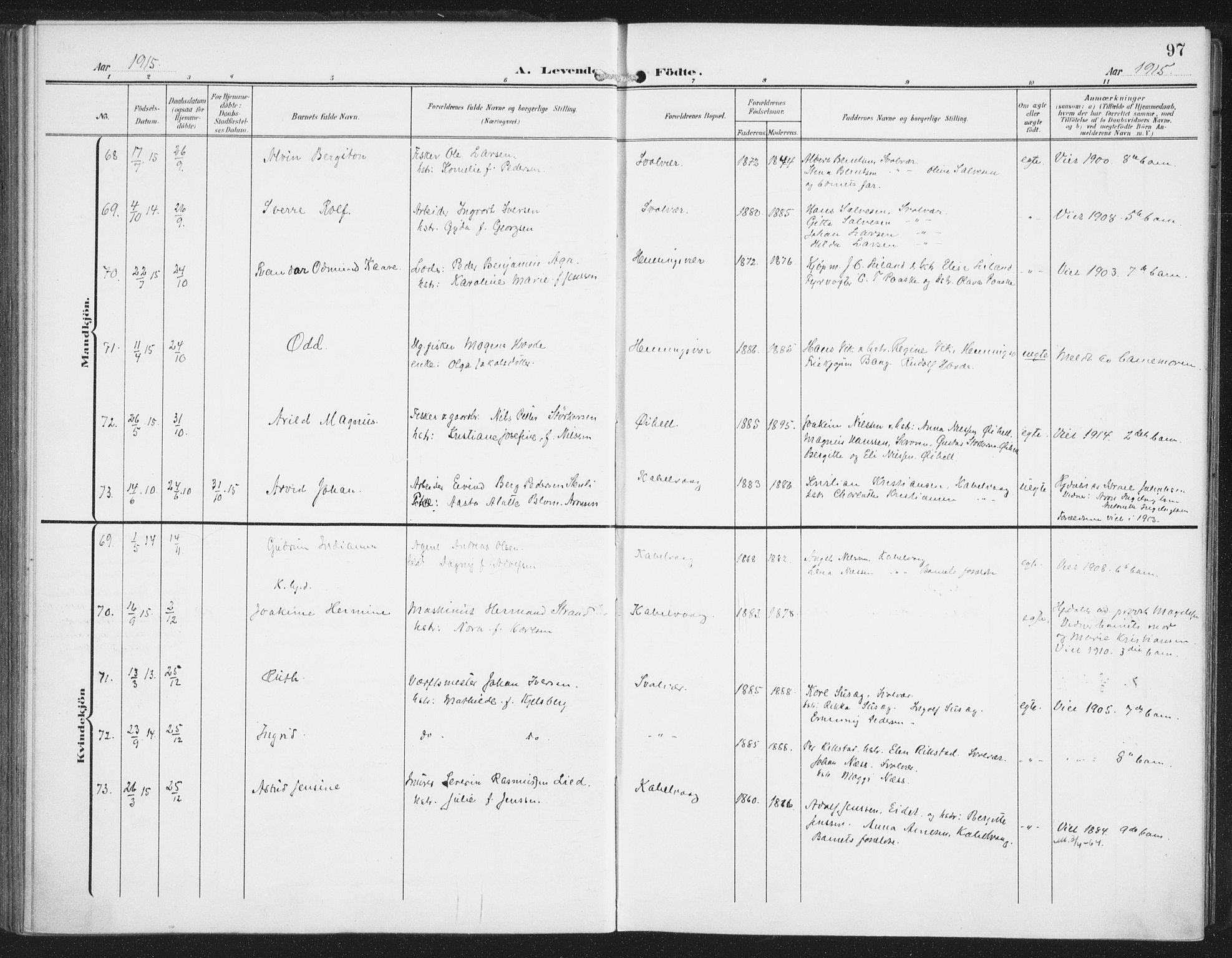 Ministerialprotokoller, klokkerbøker og fødselsregistre - Nordland, AV/SAT-A-1459/874/L1063: Parish register (official) no. 874A07, 1907-1915, p. 97