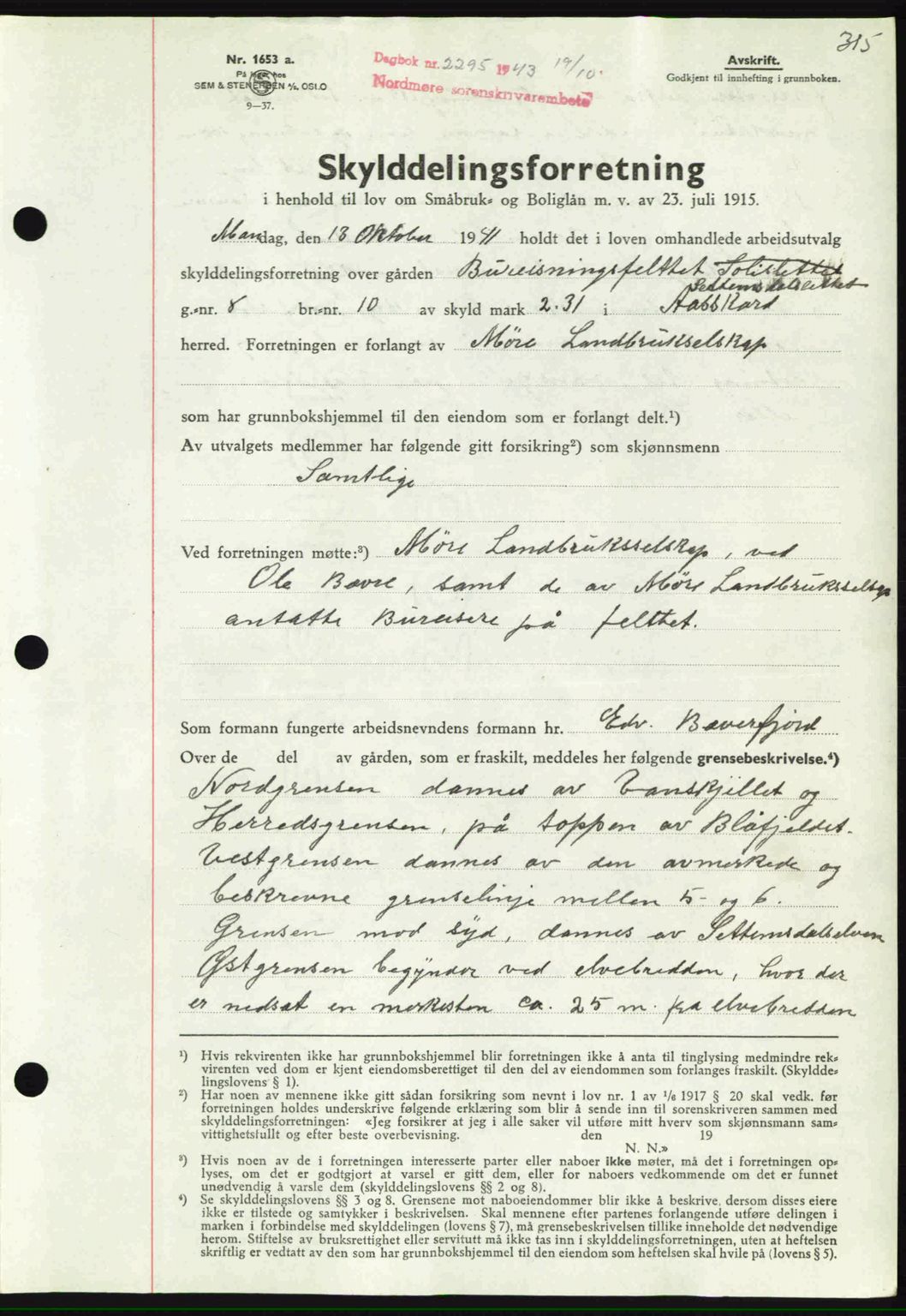 Nordmøre sorenskriveri, SAT/A-4132/1/2/2Ca: Mortgage book no. A96, 1943-1944, Diary no: : 2295/1943