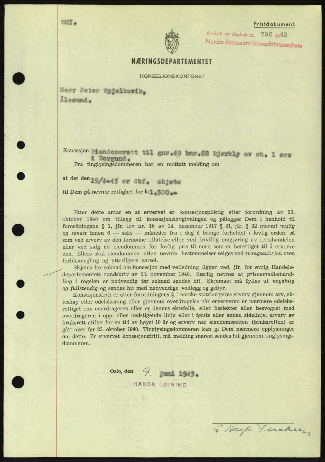Nordre Sunnmøre sorenskriveri, SAT/A-0006/1/2/2C/2Ca: Mortgage book no. B6-14 a, 1942-1945, Diary no: : 796/1943