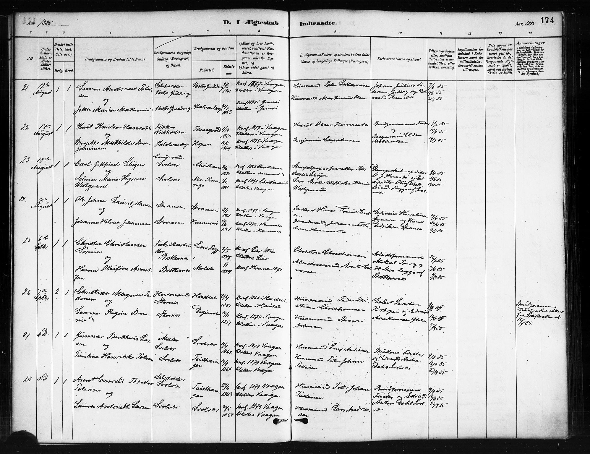 Ministerialprotokoller, klokkerbøker og fødselsregistre - Nordland, AV/SAT-A-1459/874/L1059: Parish register (official) no. 874A03, 1884-1890, p. 174