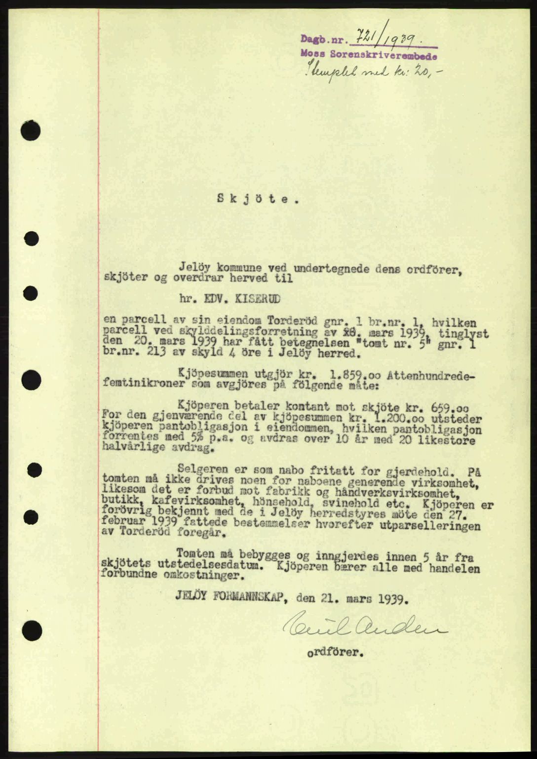 Moss sorenskriveri, SAO/A-10168: Mortgage book no. A5, 1938-1939, Diary no: : 721/1939