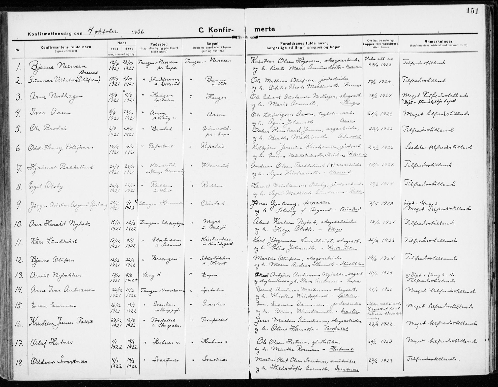 Stange prestekontor, SAH/PREST-002/K/L0025: Parish register (official) no. 25, 1921-1945, p. 151