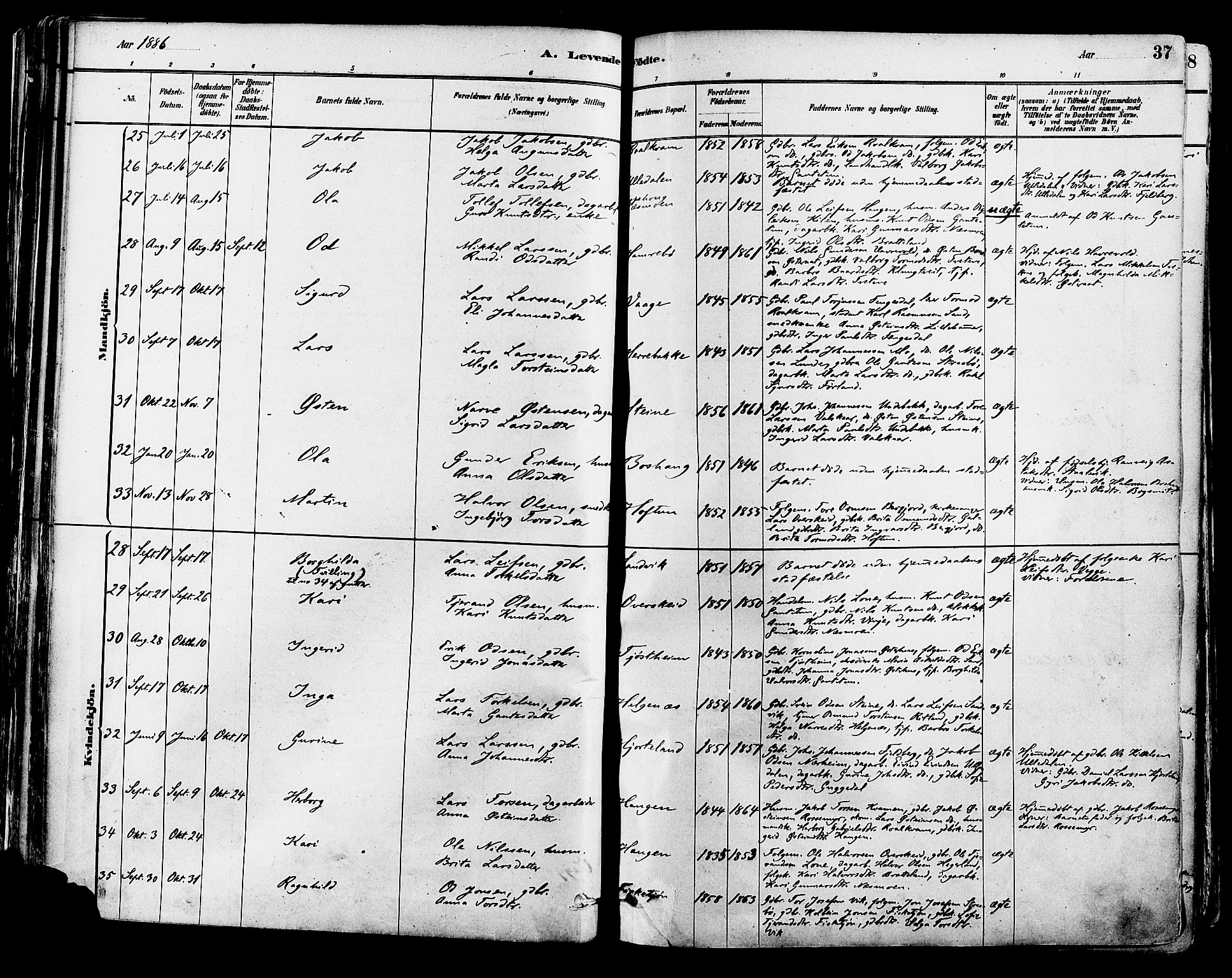 Suldal sokneprestkontor, AV/SAST-A-101845/01/IV/L0011: Parish register (official) no. A 11, 1878-1900, p. 37