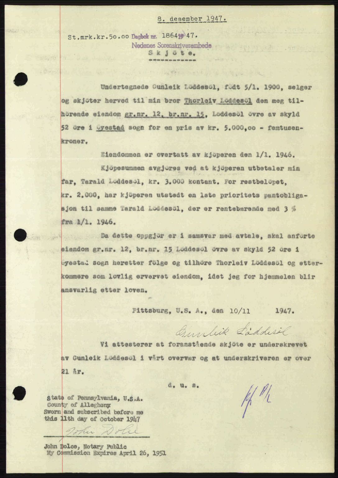 Nedenes sorenskriveri, AV/SAK-1221-0006/G/Gb/Gba/L0058: Mortgage book no. A10, 1947-1948, Diary no: : 1864/1947