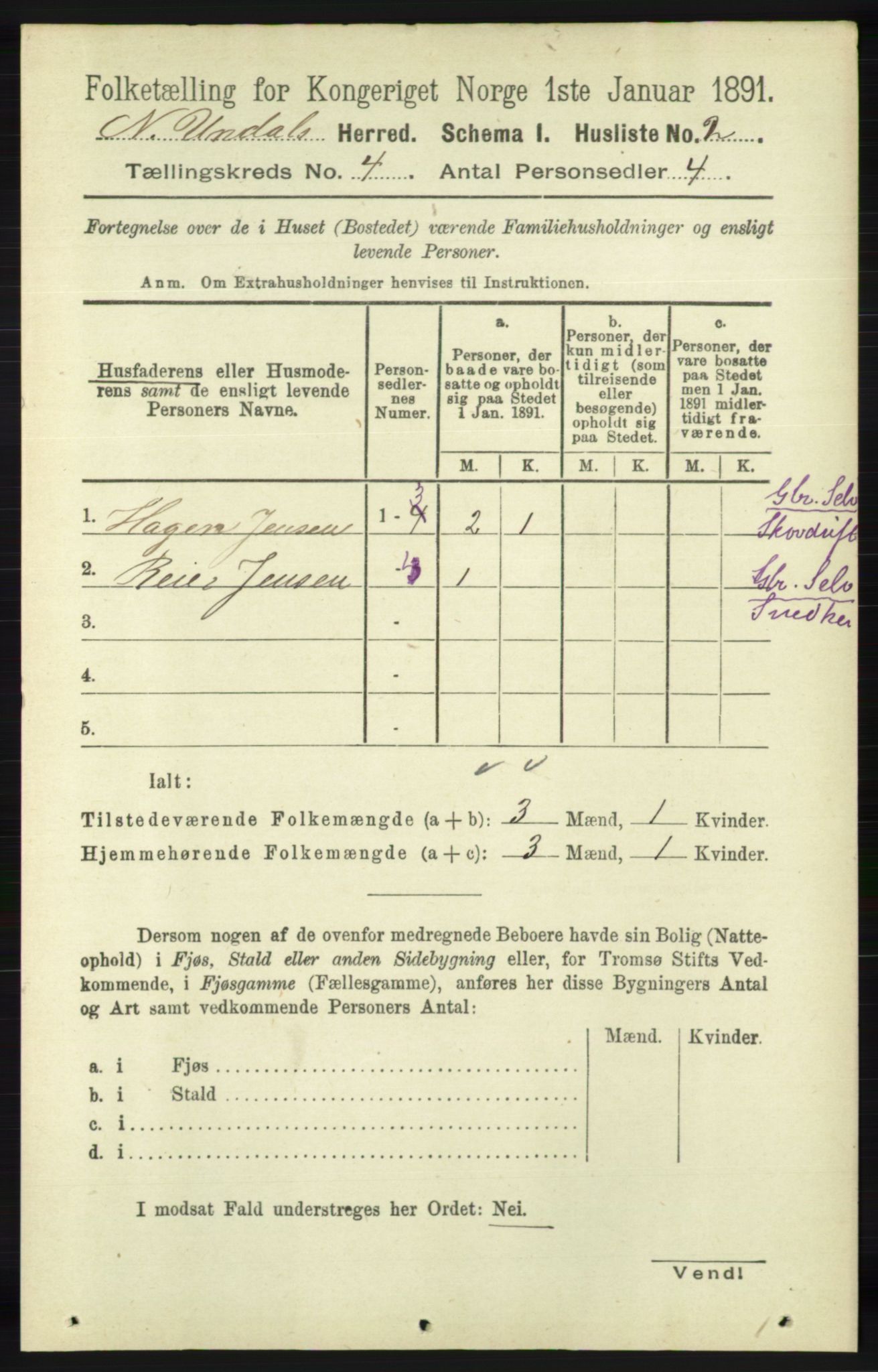 RA, 1891 census for 1028 Nord-Audnedal, 1891, p. 1081