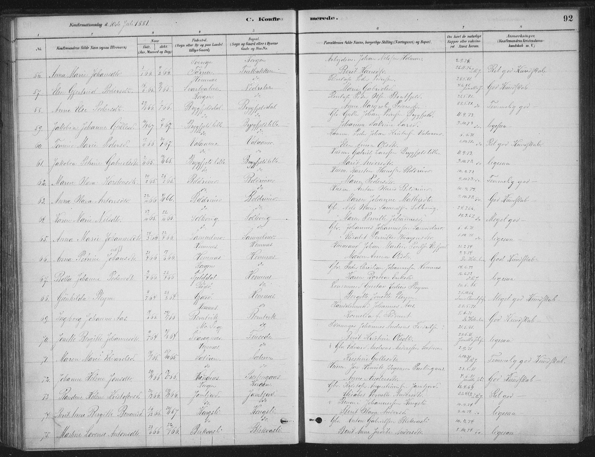 Ministerialprotokoller, klokkerbøker og fødselsregistre - Nordland, AV/SAT-A-1459/825/L0361: Parish register (official) no. 825A15, 1878-1893, p. 92