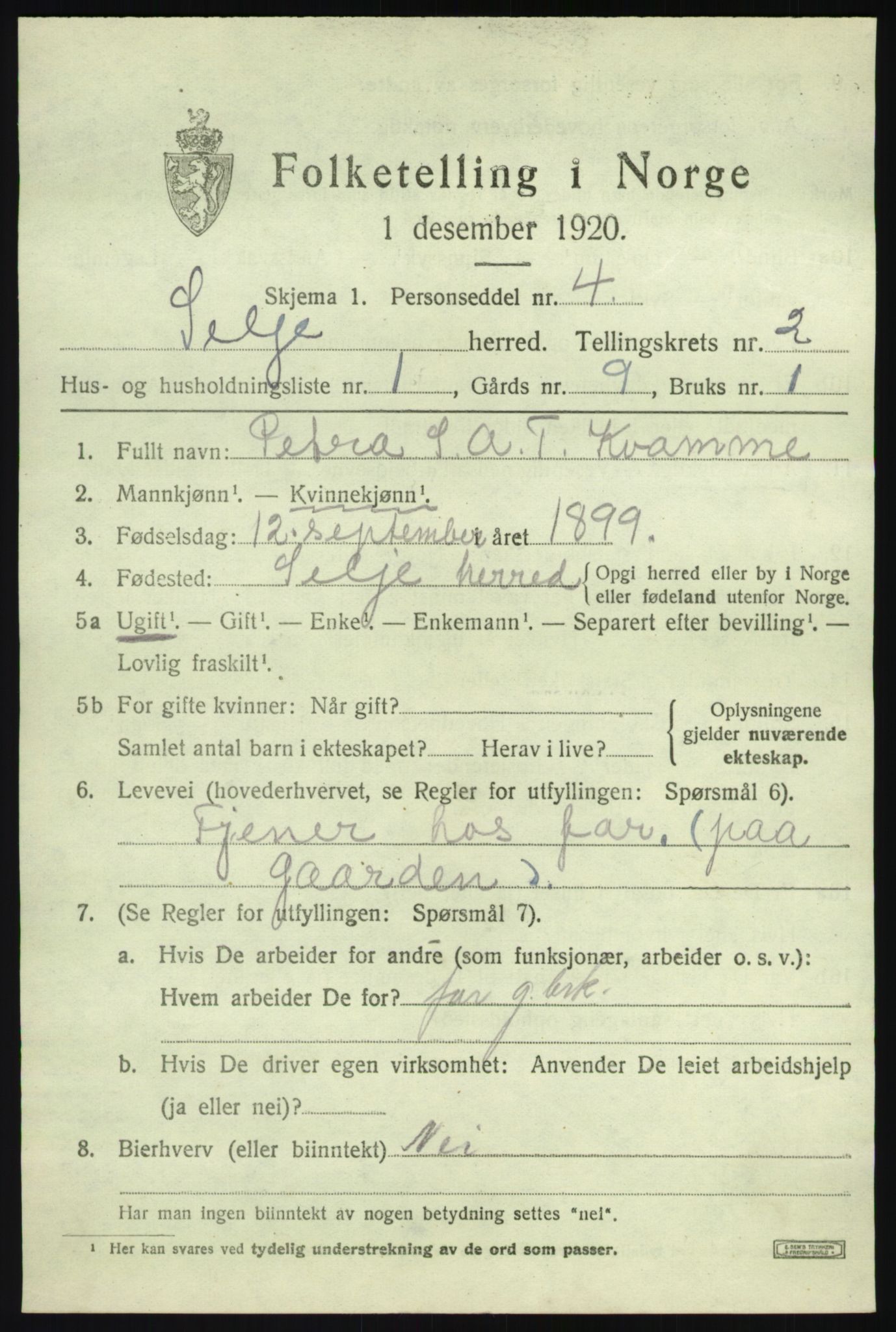 SAB, 1920 census for Selje, 1920, p. 1537