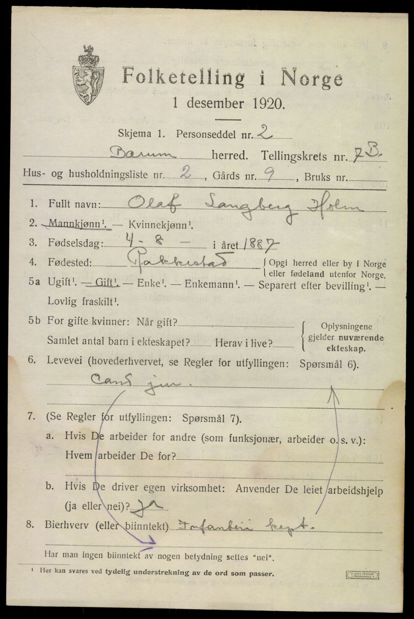 SAO, 1920 census for Bærum, 1920, p. 17326