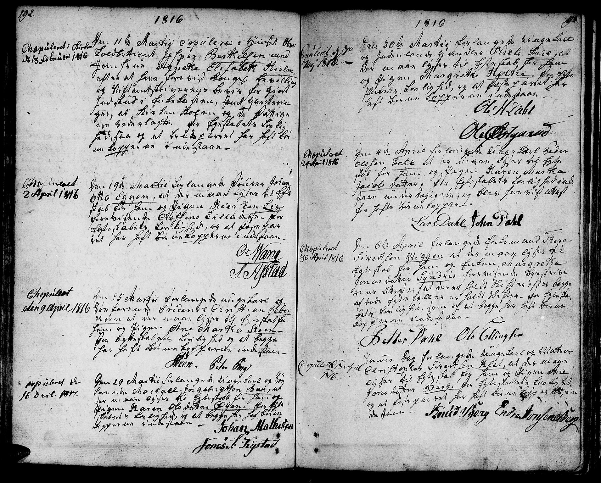 Ministerialprotokoller, klokkerbøker og fødselsregistre - Sør-Trøndelag, SAT/A-1456/601/L0042: Parish register (official) no. 601A10, 1802-1830, p. 192-193