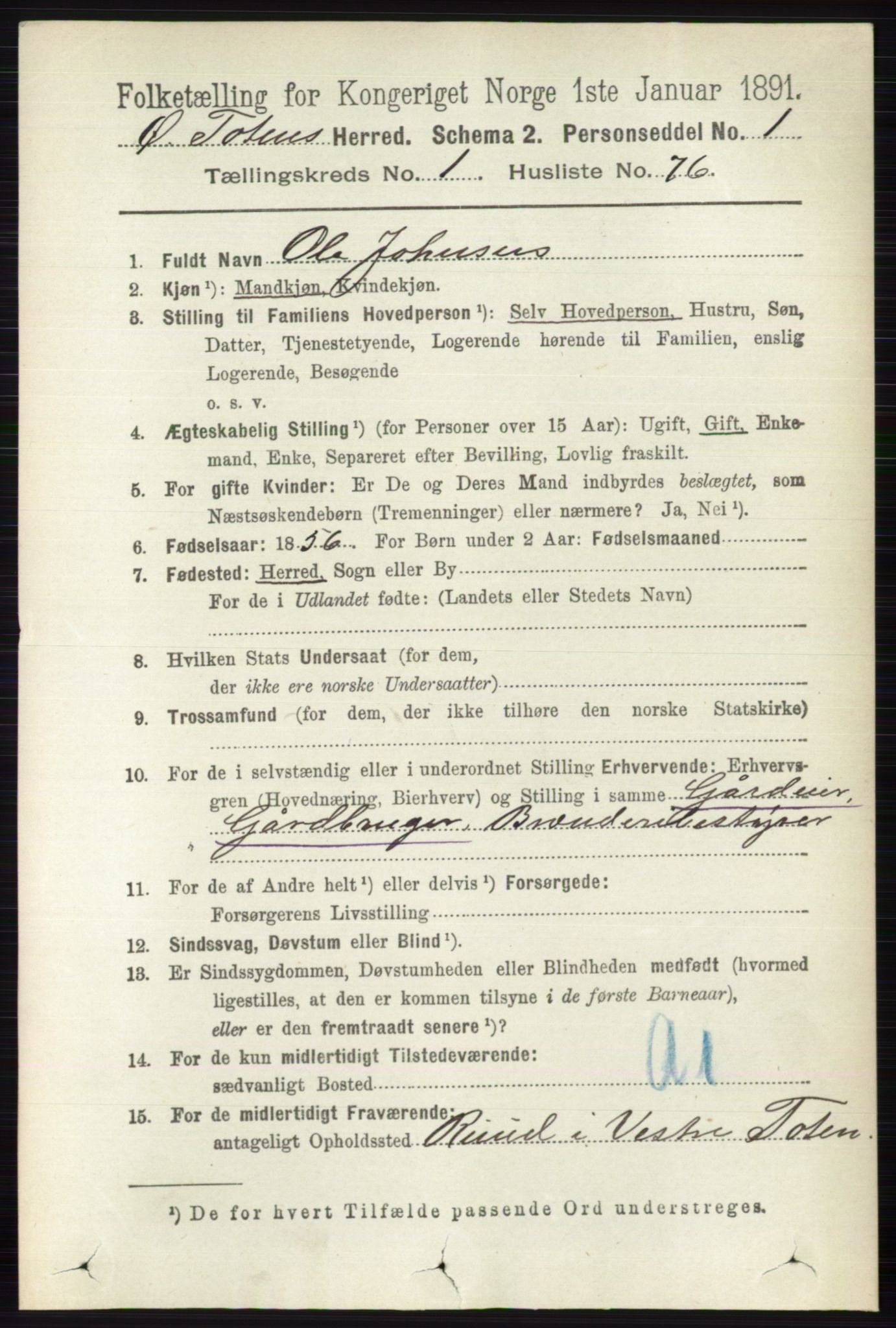 RA, 1891 census for 0528 Østre Toten, 1891, p. 617