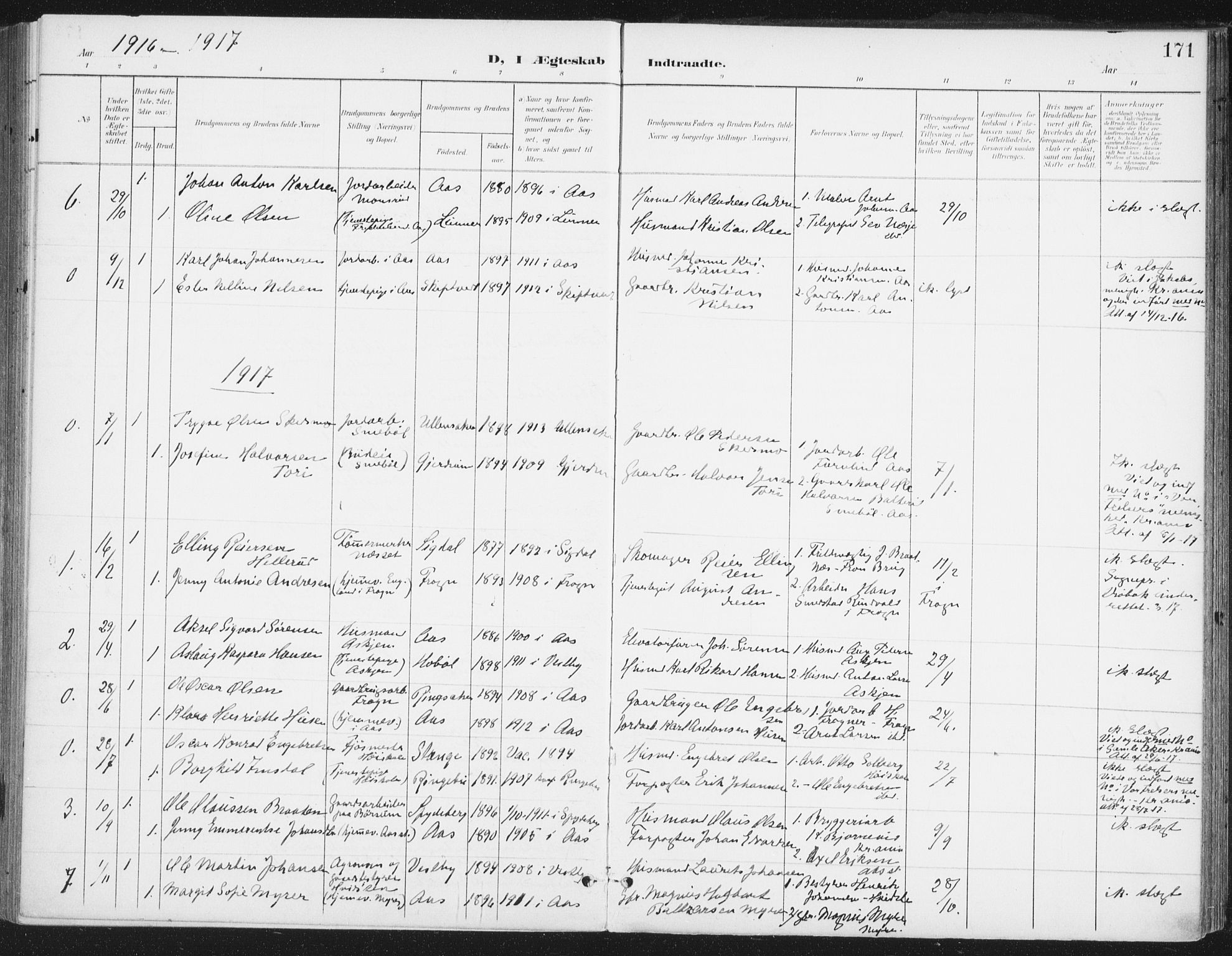 Ås prestekontor Kirkebøker, SAO/A-10894/F/Fa/L0010: Parish register (official) no. I 10, 1900-1918, p. 171