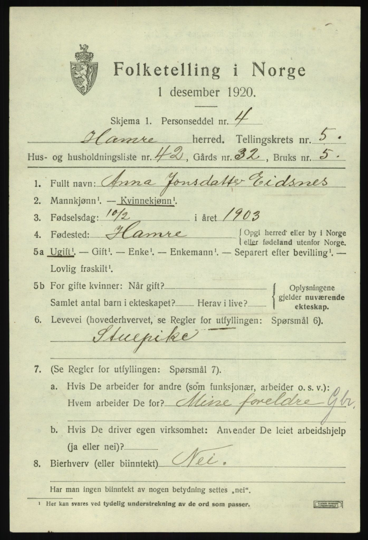 SAB, 1920 census for Hamre, 1920, p. 3419
