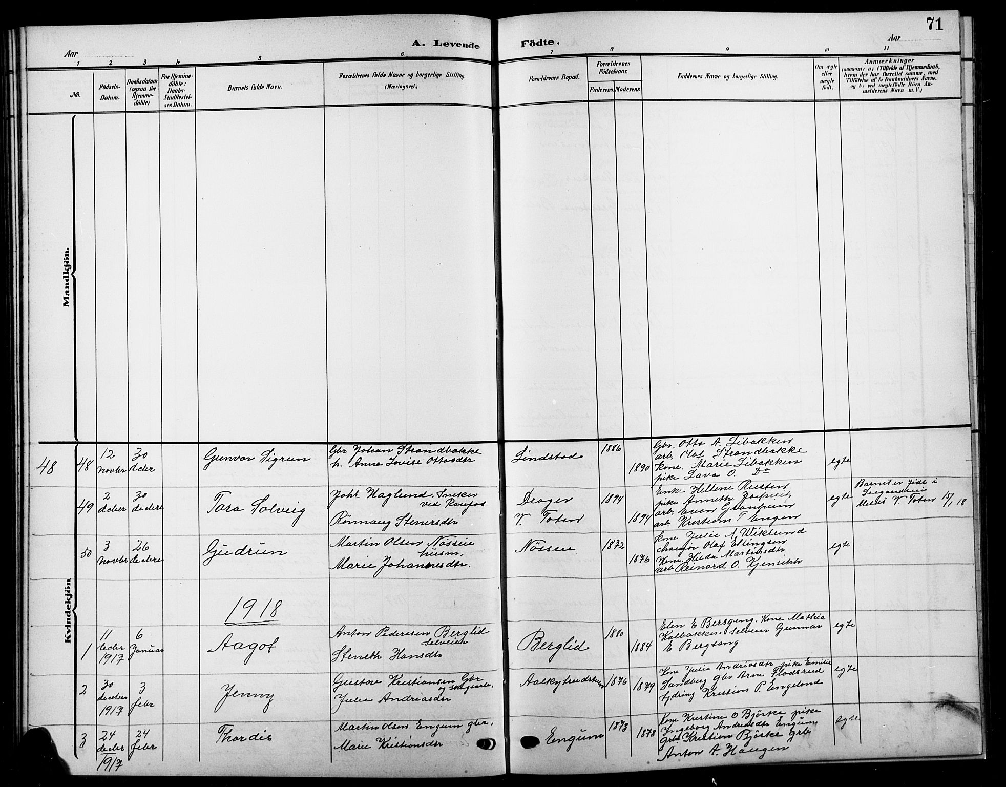 Biri prestekontor, SAH/PREST-096/H/Ha/Hab/L0005: Parish register (copy) no. 5, 1906-1919, p. 71