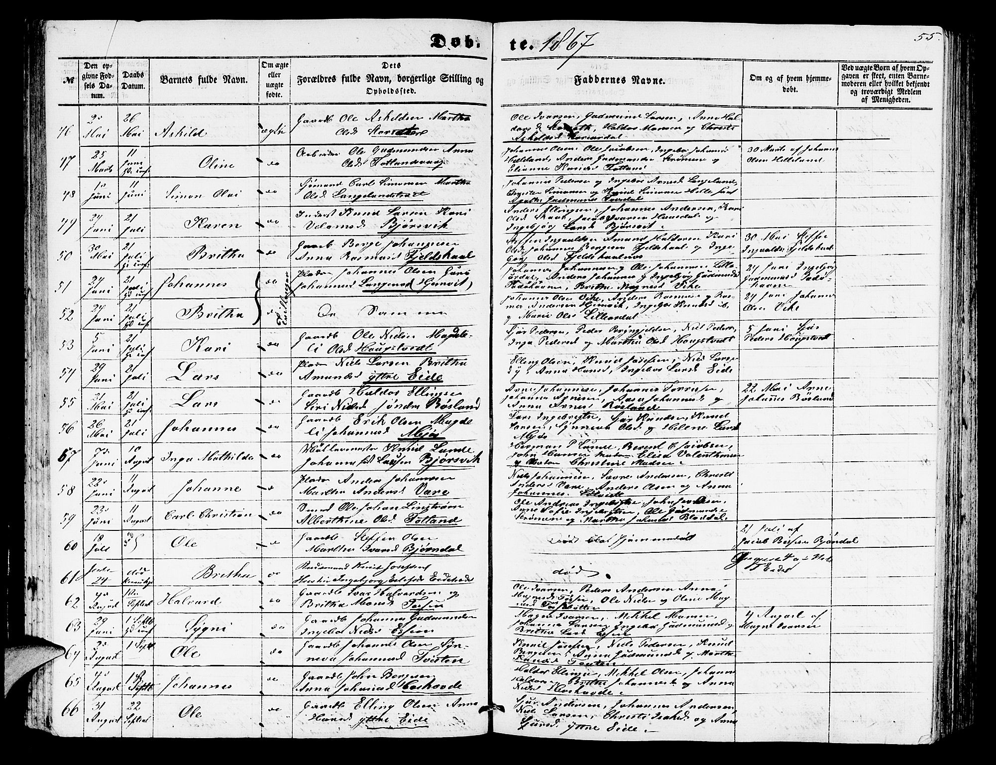 Hosanger sokneprestembete, AV/SAB-A-75801/H/Hab: Parish register (copy) no. A 2, 1857-1881, p. 55