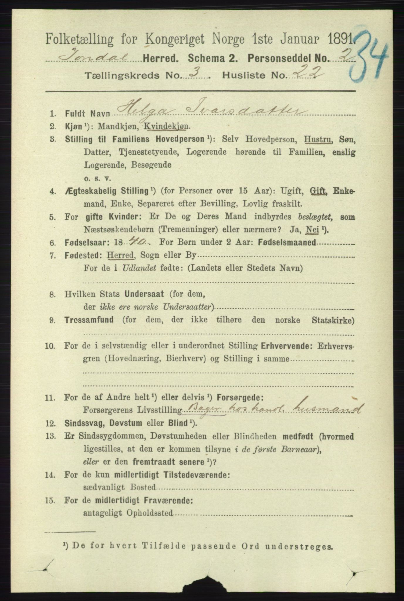 RA, 1891 census for 1227 Jondal, 1891, p. 1442