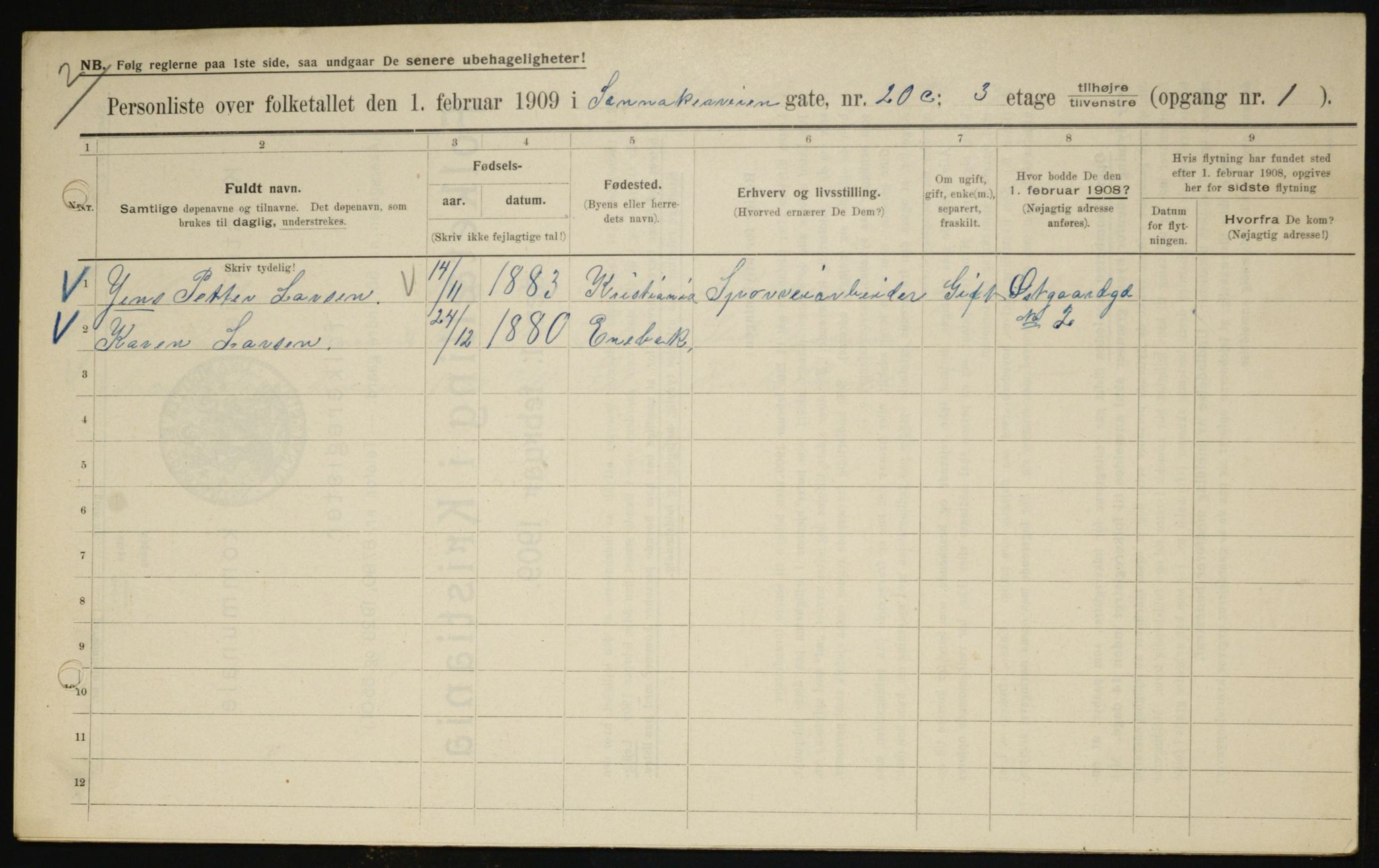 OBA, Municipal Census 1909 for Kristiania, 1909, p. 78935