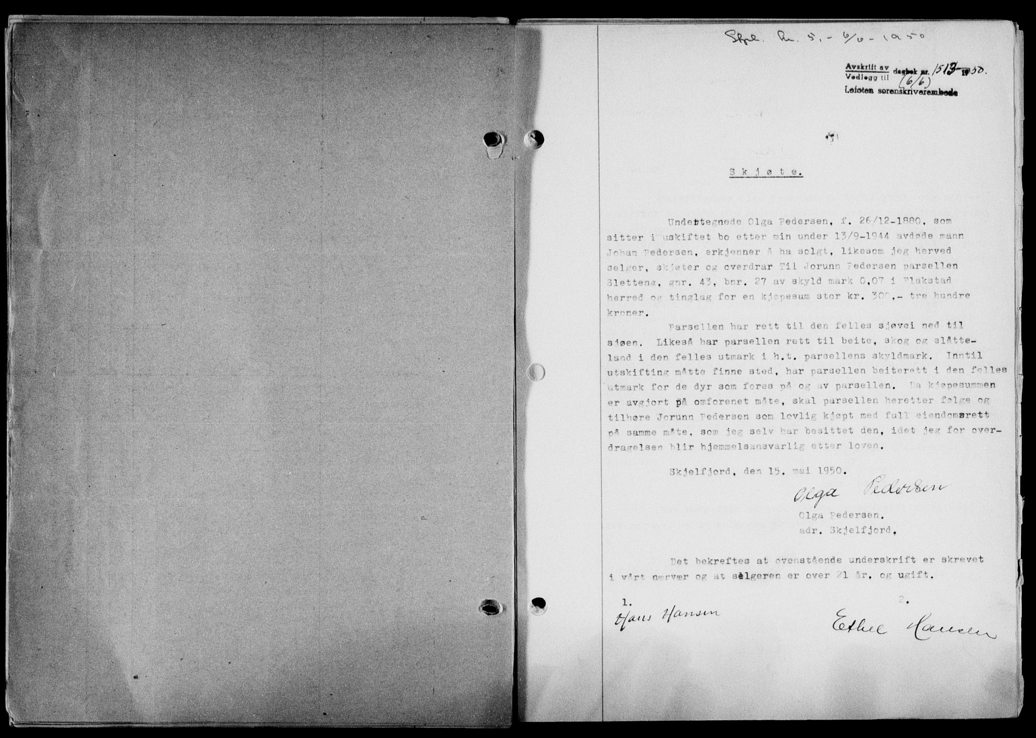 Lofoten sorenskriveri, SAT/A-0017/1/2/2C/L0023a: Mortgage book no. 23a, 1950-1950, Diary no: : 1513/1950