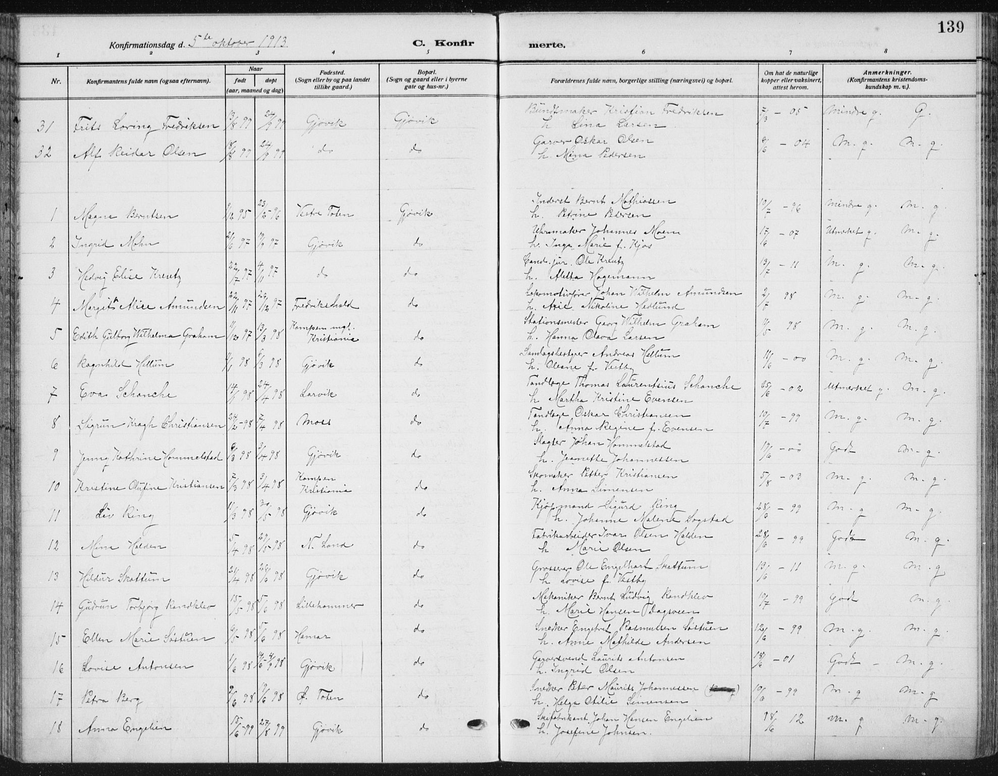 Vardal prestekontor, AV/SAH-PREST-100/H/Ha/Haa/L0014: Parish register (official) no. 14, 1912-1922, p. 139