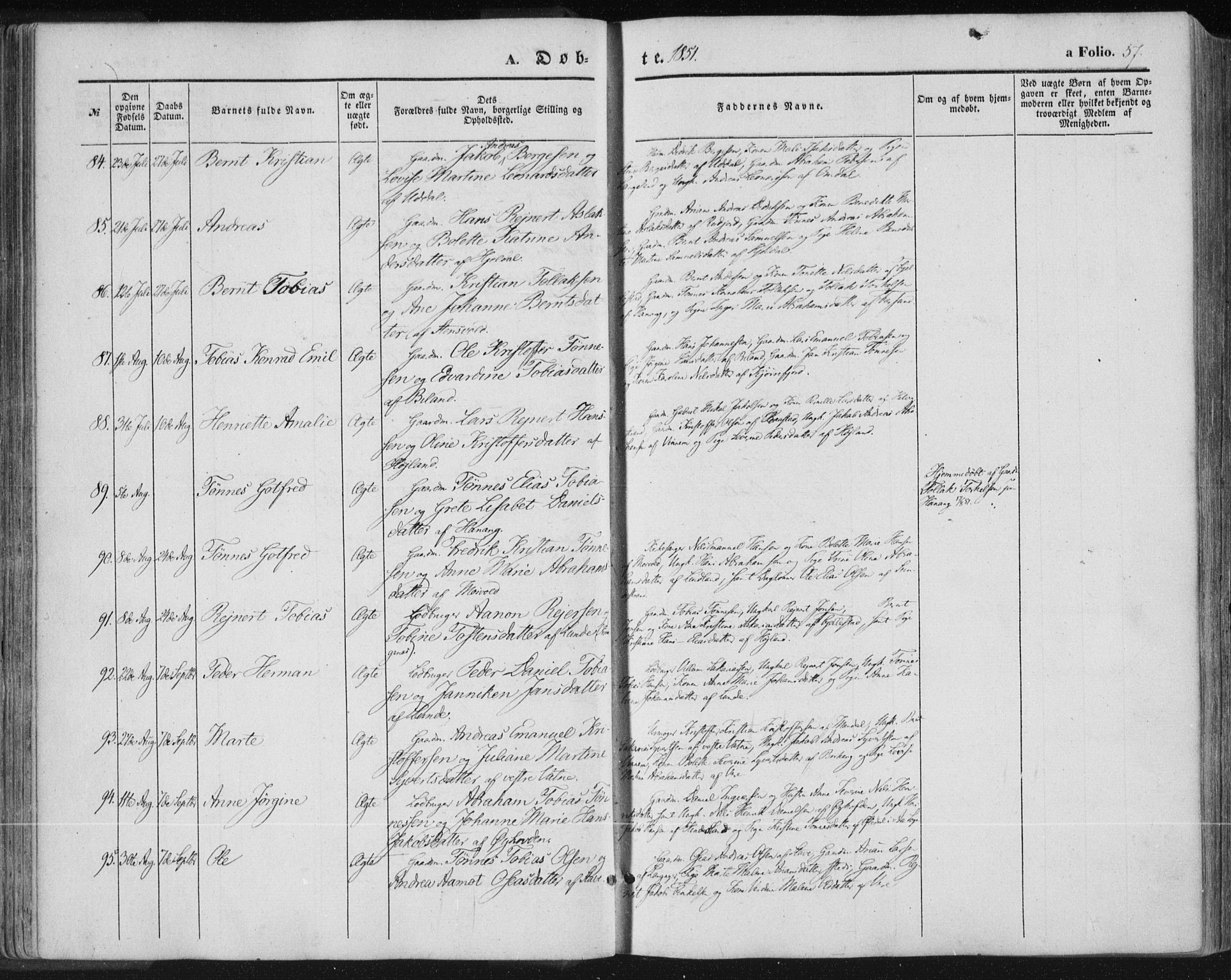 Lista sokneprestkontor, SAK/1111-0027/F/Fa/L0010: Parish register (official) no. A 10, 1846-1861, p. 57