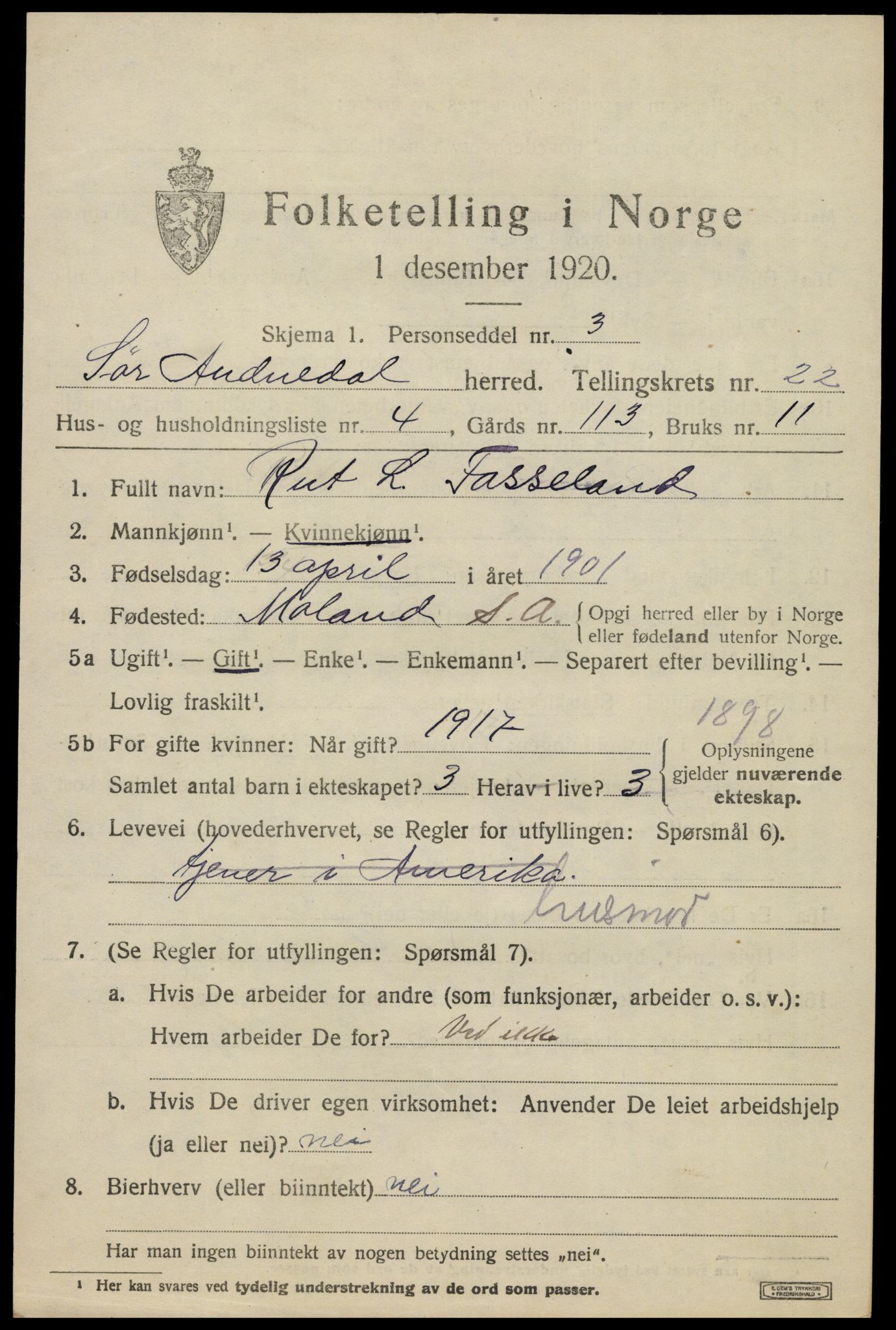 SAK, 1920 census for Sør-Audnedal, 1920, p. 7133