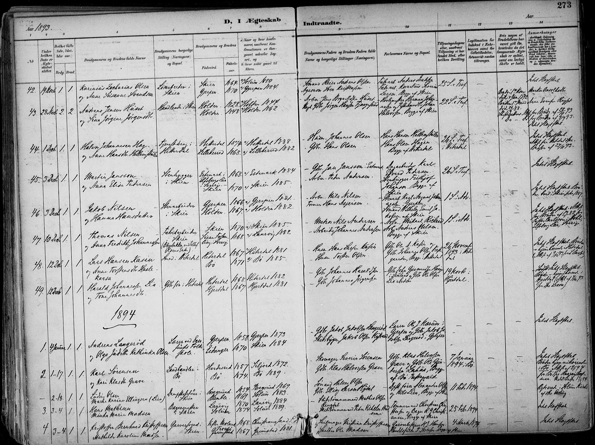 Skien kirkebøker, SAKO/A-302/F/Fa/L0010: Parish register (official) no. 10, 1891-1899, p. 273