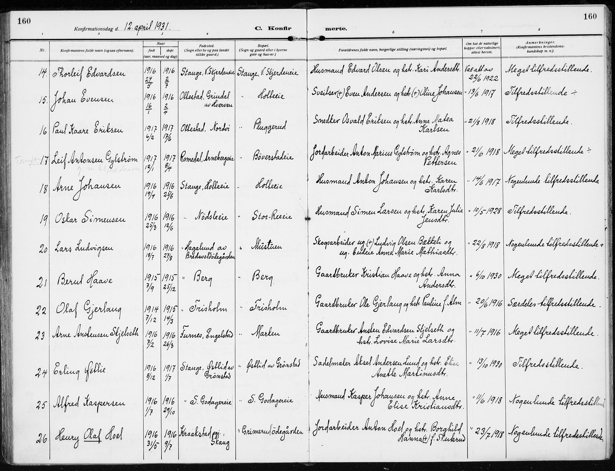 Stange prestekontor, AV/SAH-PREST-002/K/L0026: Parish register (official) no. 26, 1923-1937, p. 160