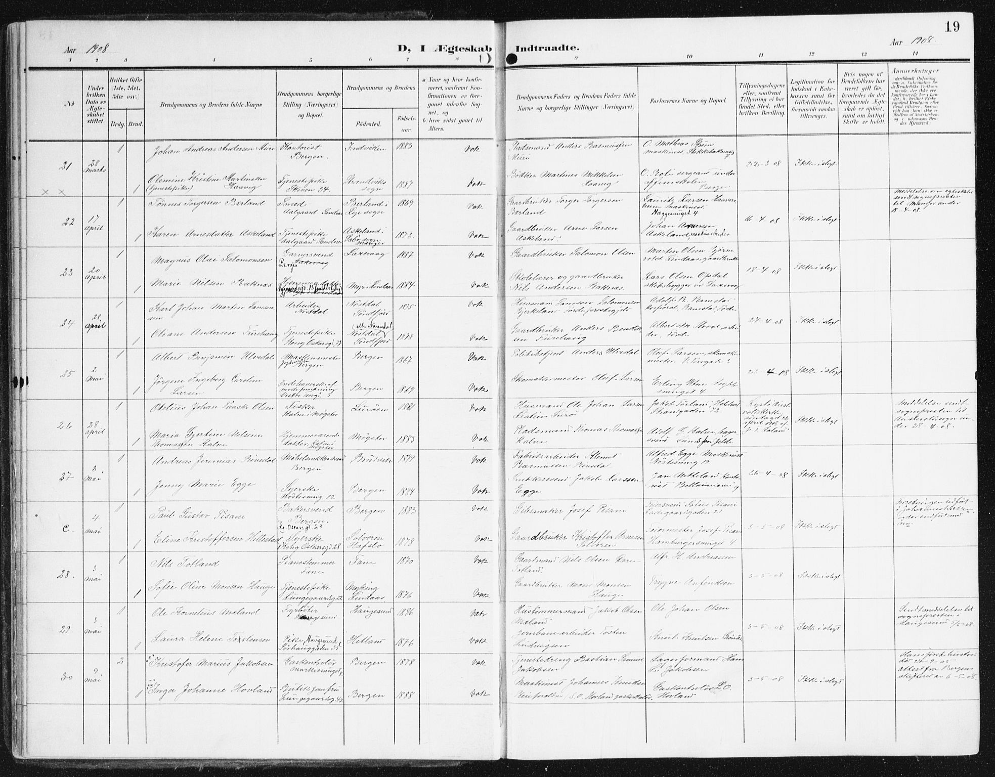 Domkirken sokneprestembete, AV/SAB-A-74801/H/Haa/L0038: Parish register (official) no. D 5, 1906-1921, p. 19