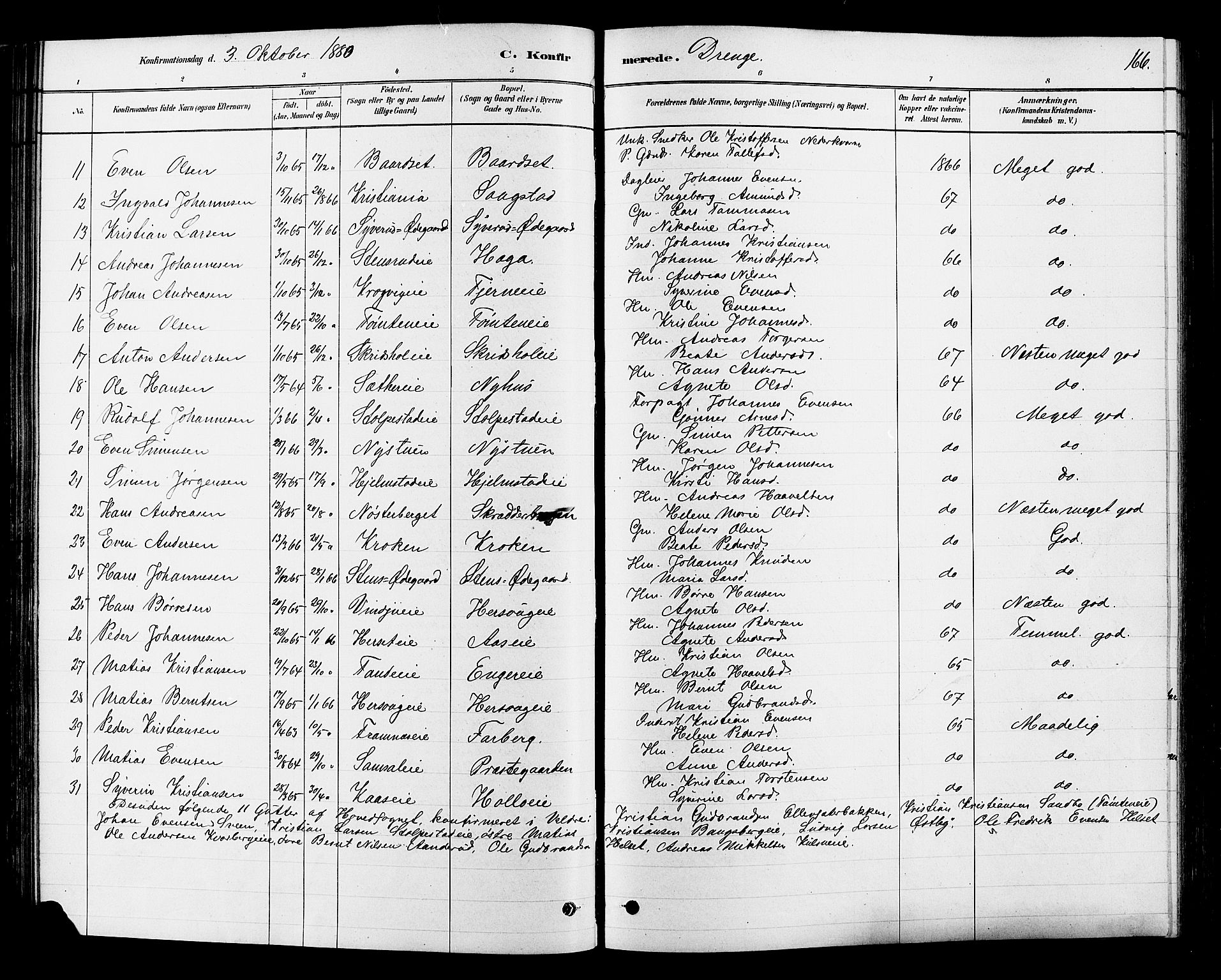 Ringsaker prestekontor, SAH/PREST-014/L/La/L0009: Parish register (copy) no. 9, 1879-1890, p. 166