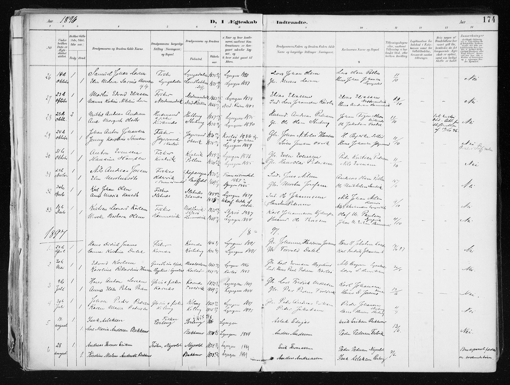 Lyngen sokneprestembete, SATØ/S-1289/H/He/Hea/L0008kirke: Parish register (official) no. 8, 1891-1902, p. 174