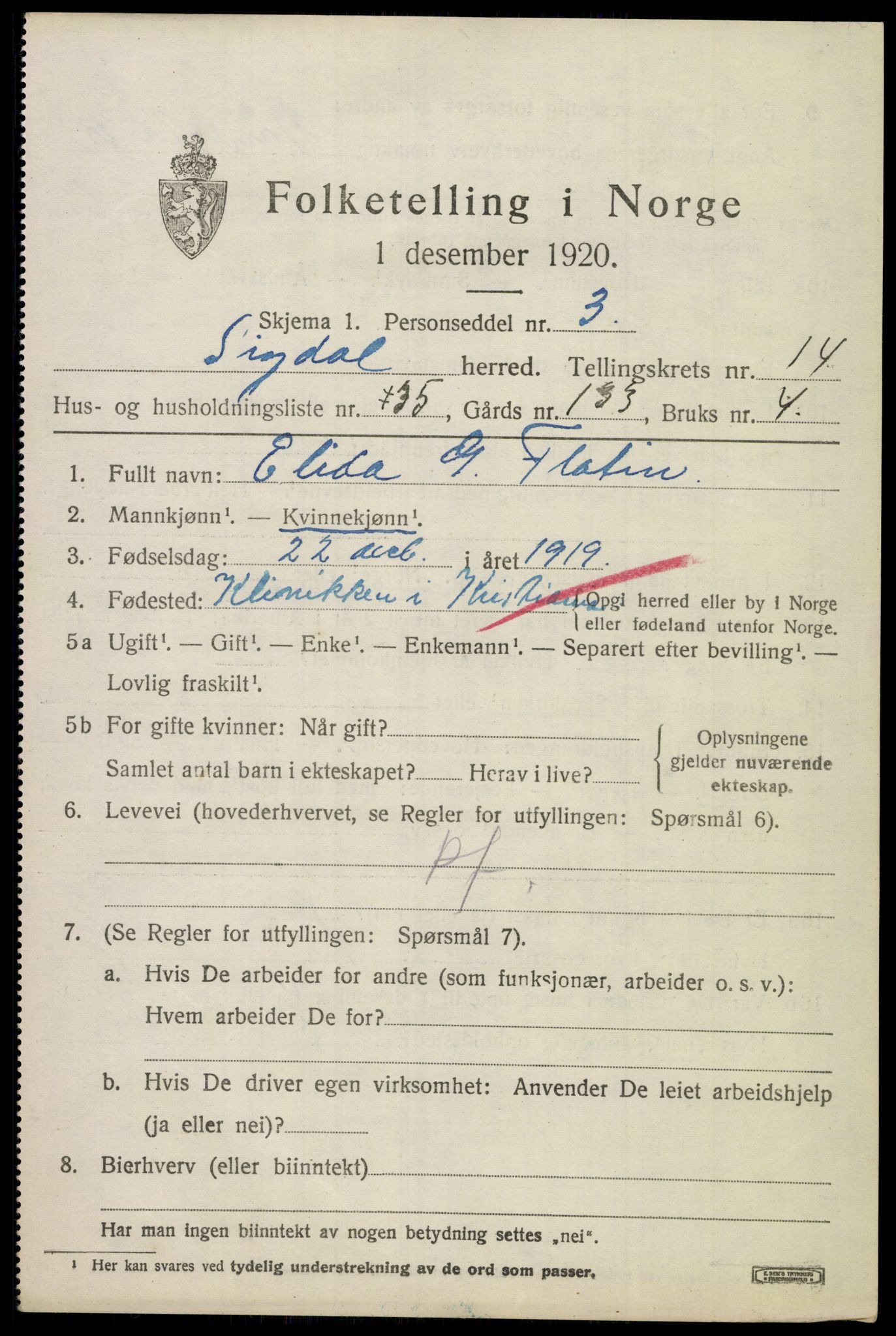 SAKO, 1920 census for Sigdal, 1920, p. 8974