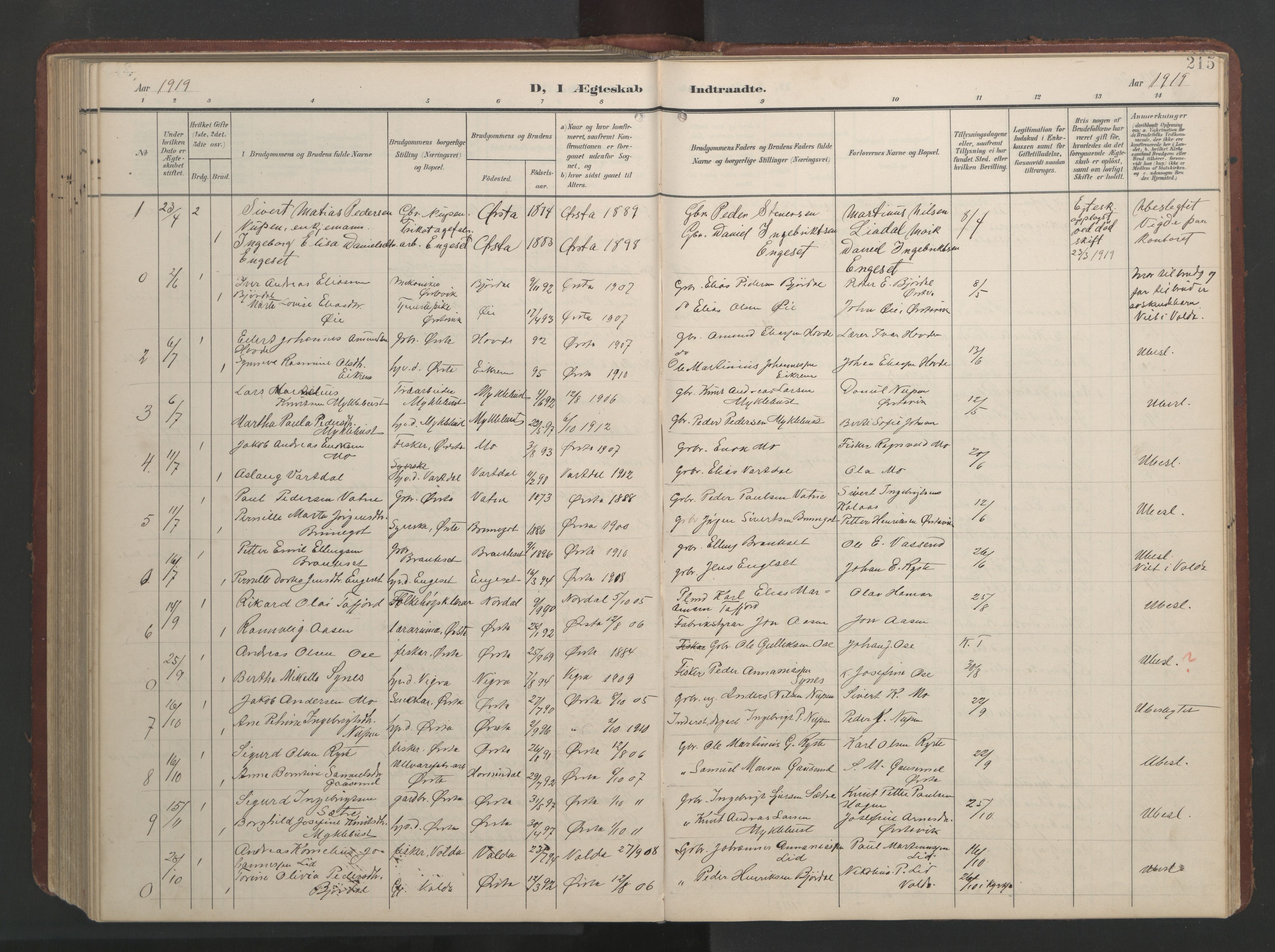 Ministerialprotokoller, klokkerbøker og fødselsregistre - Møre og Romsdal, AV/SAT-A-1454/513/L0190: Parish register (copy) no. 513C04, 1904-1926, p. 215