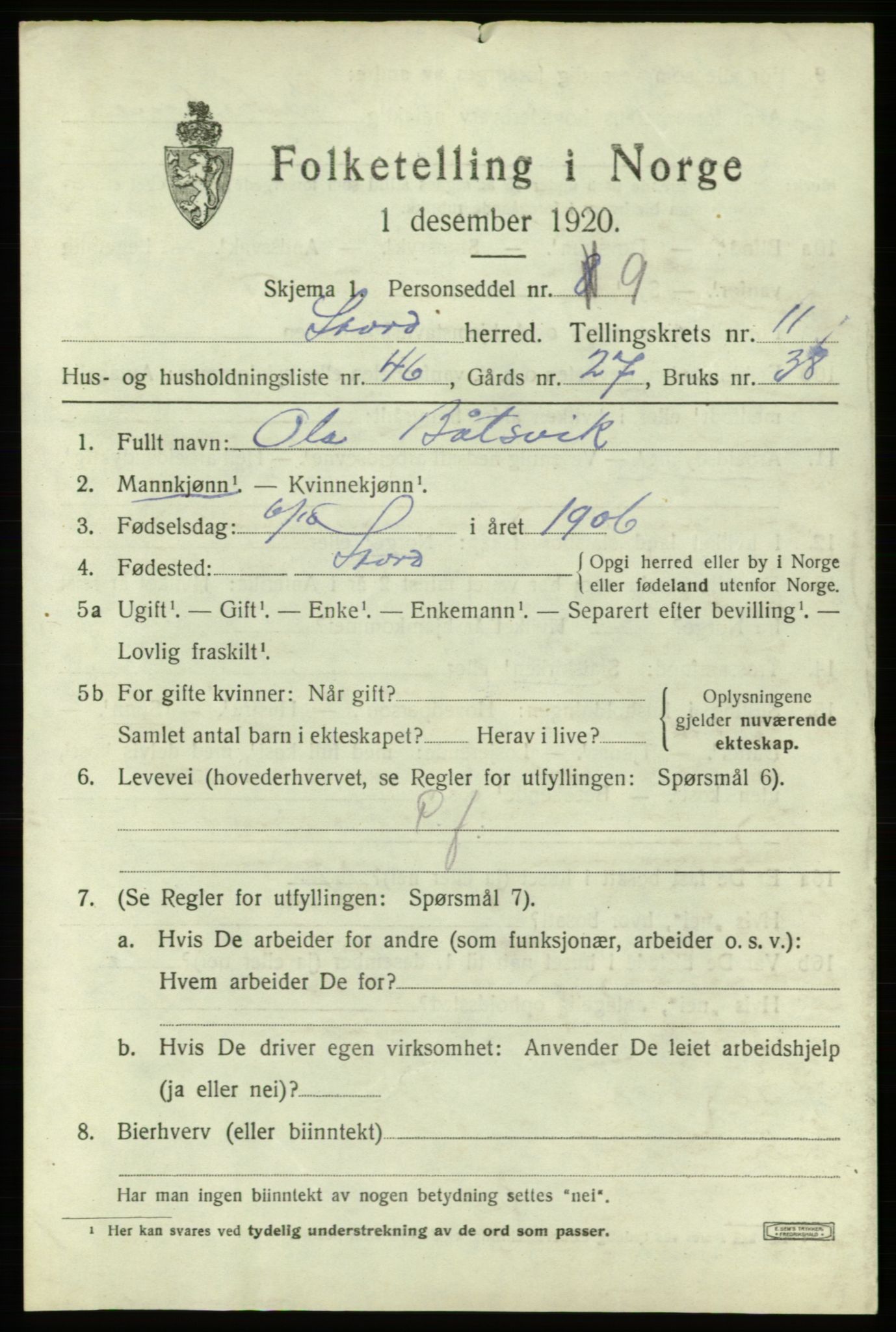 SAB, 1920 census for Stord, 1920, p. 6991