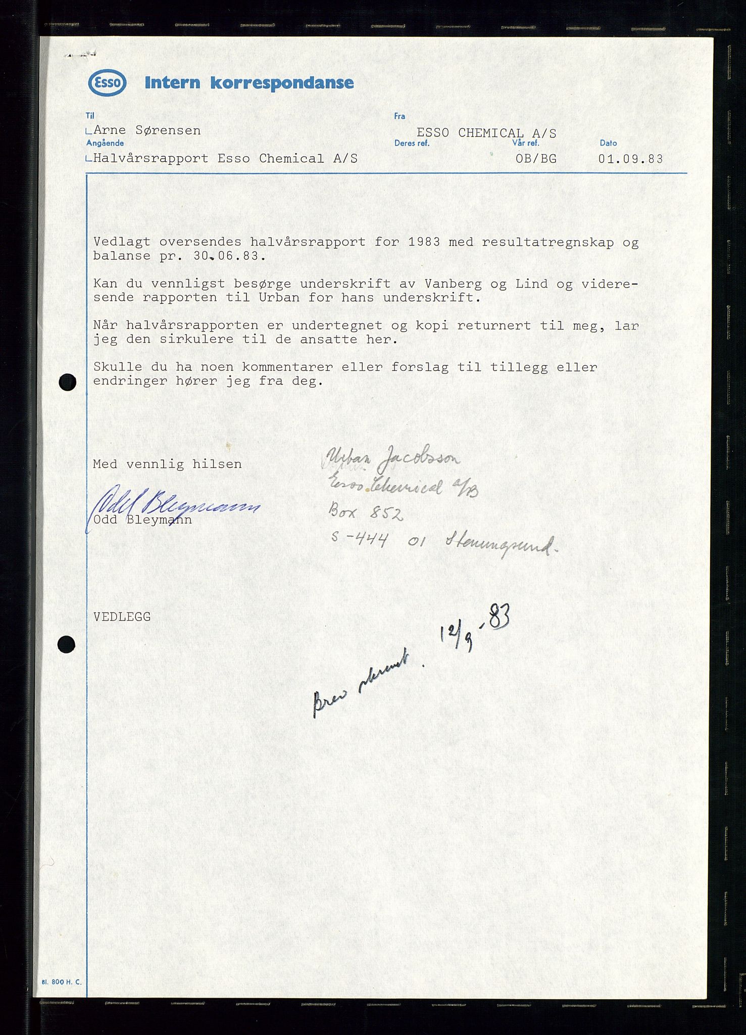 PA 1538 - Exxon Chemical Norge A/S, SAST/A-101958/A/Aa/L0002/0001: Styredokumenter / Halvårsrapporter 1983-1984, Generalforsamling, Styremøter og halvårsrapporter 1985-1988, 1983-1988