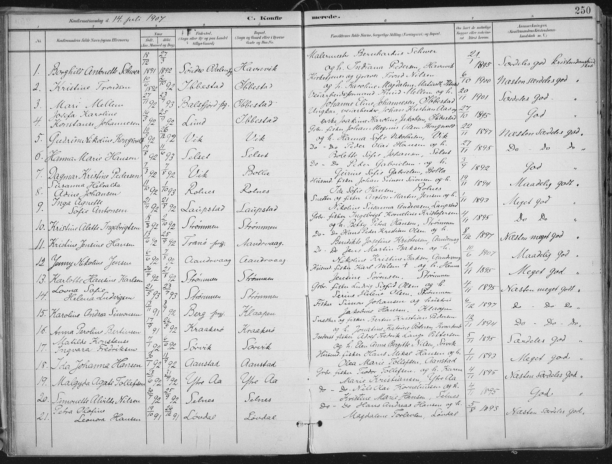 Ibestad sokneprestembete, SATØ/S-0077/H/Ha/Haa/L0017kirke: Parish register (official) no. 17, 1901-1914, p. 250